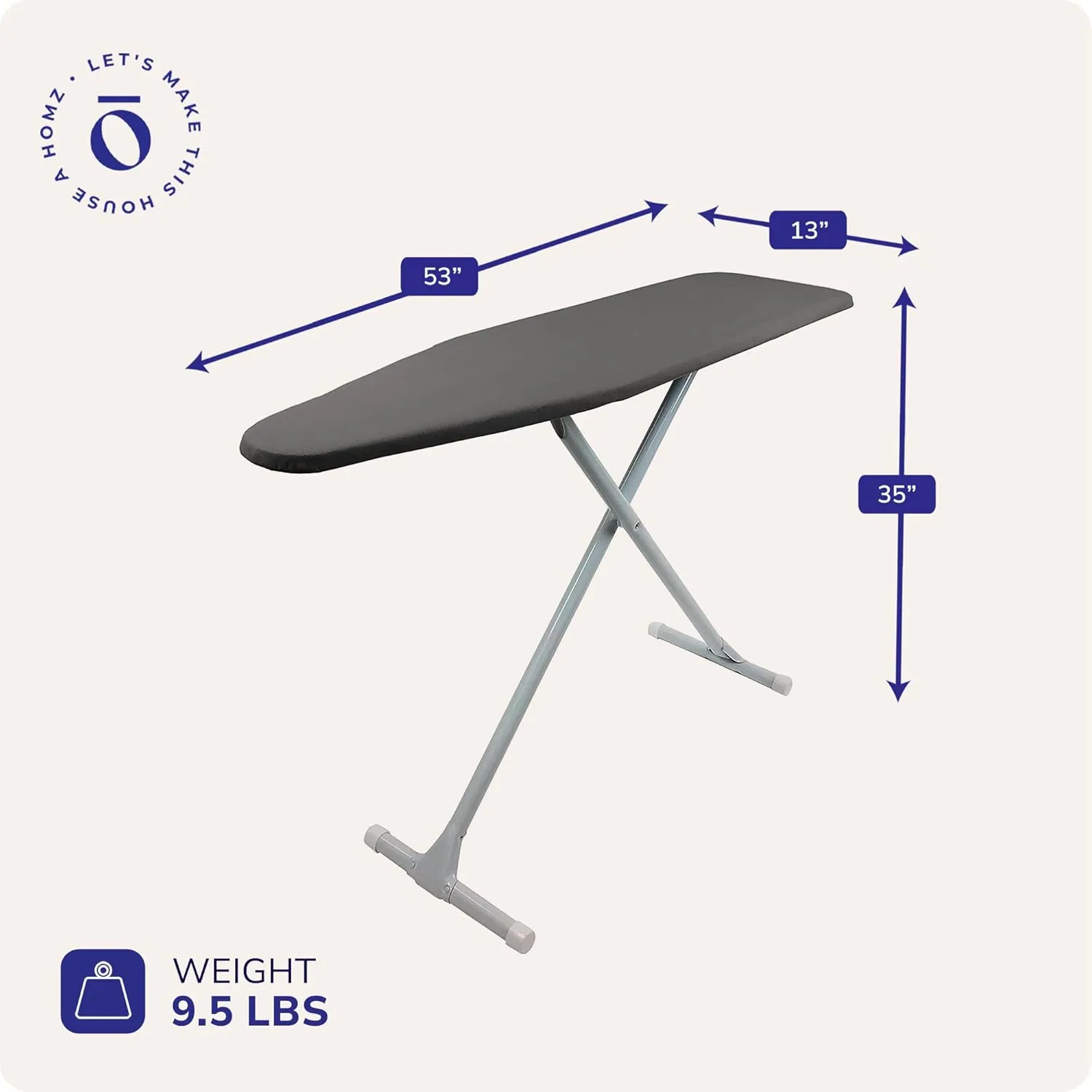Homz T-Leg Clothes Ironing Board, Portable Compact Foldable Standard Size Adjustable Height with Foam Pad & Cotton Cover, Charcoal Gray