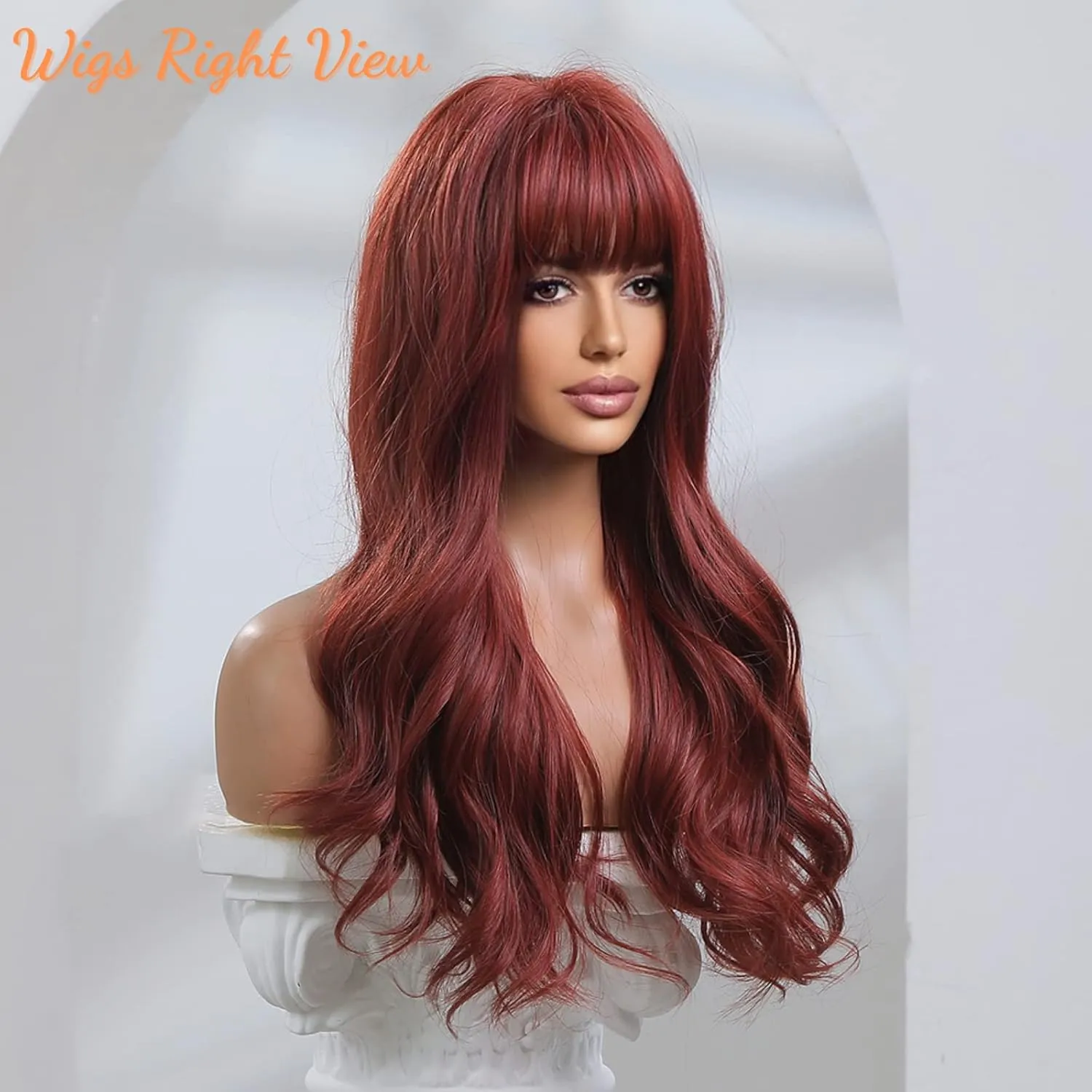 Honygebia Dark Red Wig with Bangs - Burgundy Wigs for Women, Wine Red Long Straight Layered Realistic Hair, Natural Synthetic Heat Resistant Wigs for Halloween/Christmas/Cosplay/Party