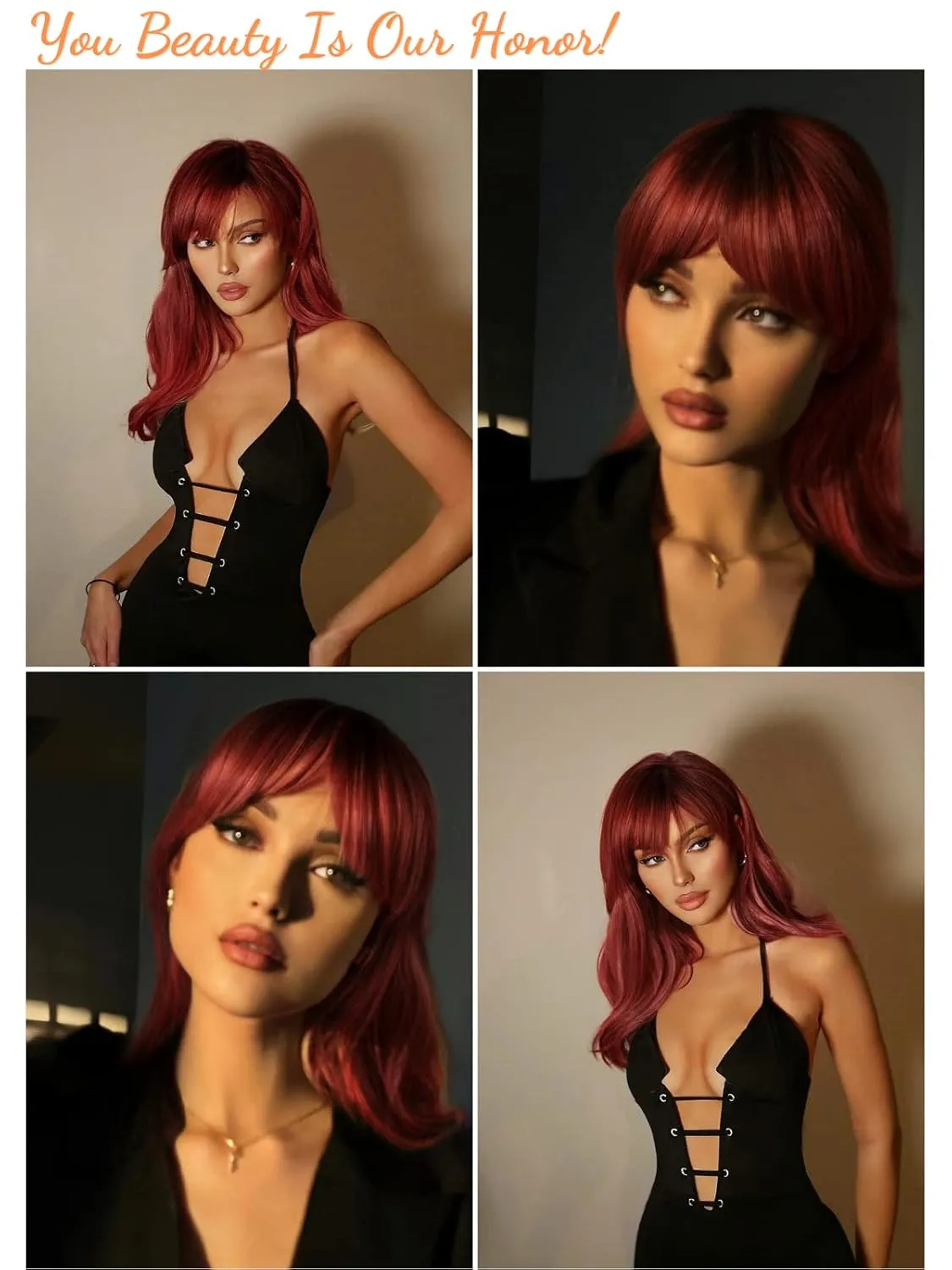 Honygebia Dark Red Wig with Bangs - Burgundy Wigs for Women, Wine Red Long Straight Layered Realistic Hair, Natural Synthetic Heat Resistant Wigs for Halloween/Christmas/Cosplay/Party