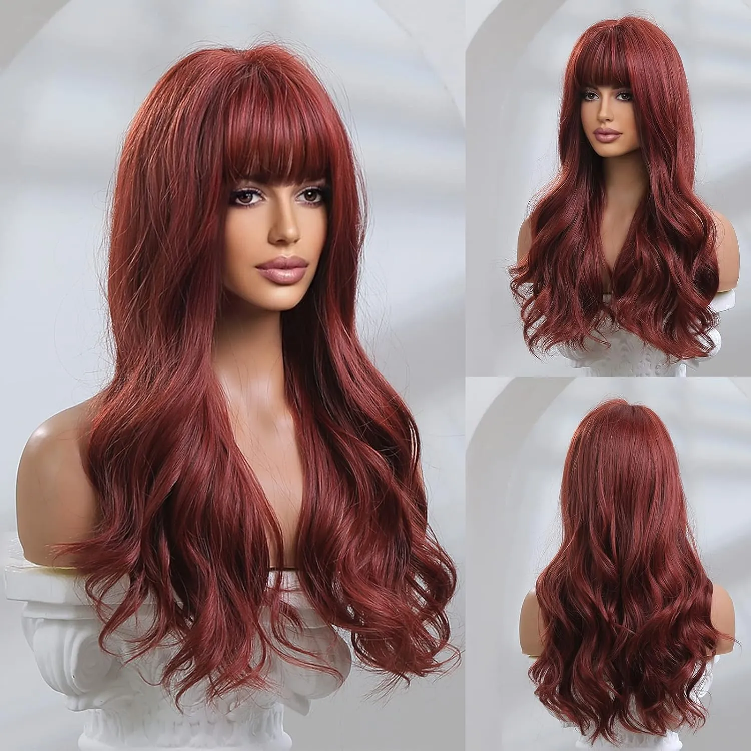 Honygebia Dark Red Wig with Bangs - Burgundy Wigs for Women, Wine Red Long Straight Layered Realistic Hair, Natural Synthetic Heat Resistant Wigs for Halloween/Christmas/Cosplay/Party