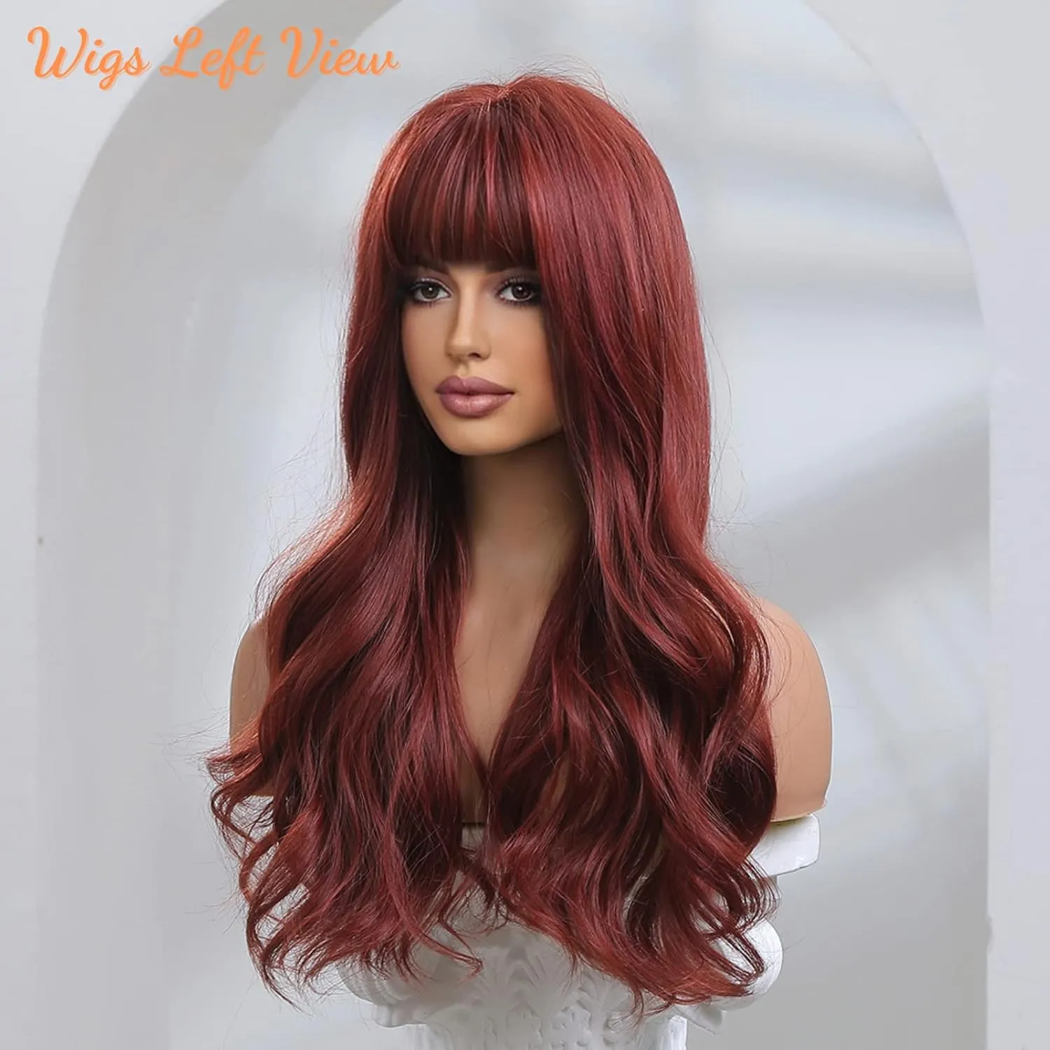 Honygebia Dark Red Wig with Bangs - Burgundy Wigs for Women, Wine Red Long Straight Layered Realistic Hair, Natural Synthetic Heat Resistant Wigs for Halloween/Christmas/Cosplay/Party