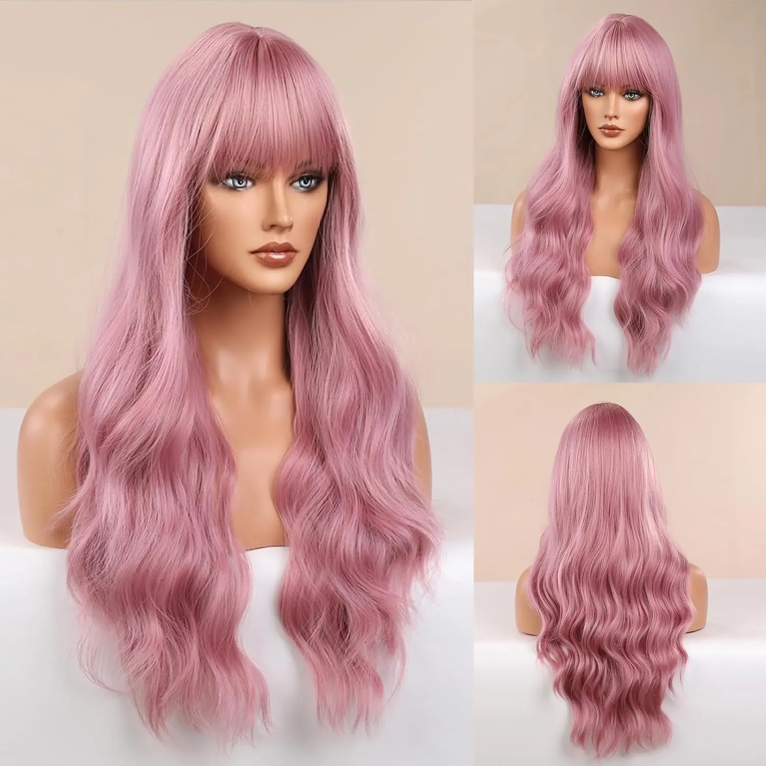 Honygebia Light Pink Wig Bangs - Baby Pink Wigs for Women, Long Wavy Coral Pink Heat Resistant Hair, Natural Looking Bright Synthetic - Best Wigs for Halloween/Christmas/Cosplay/Party