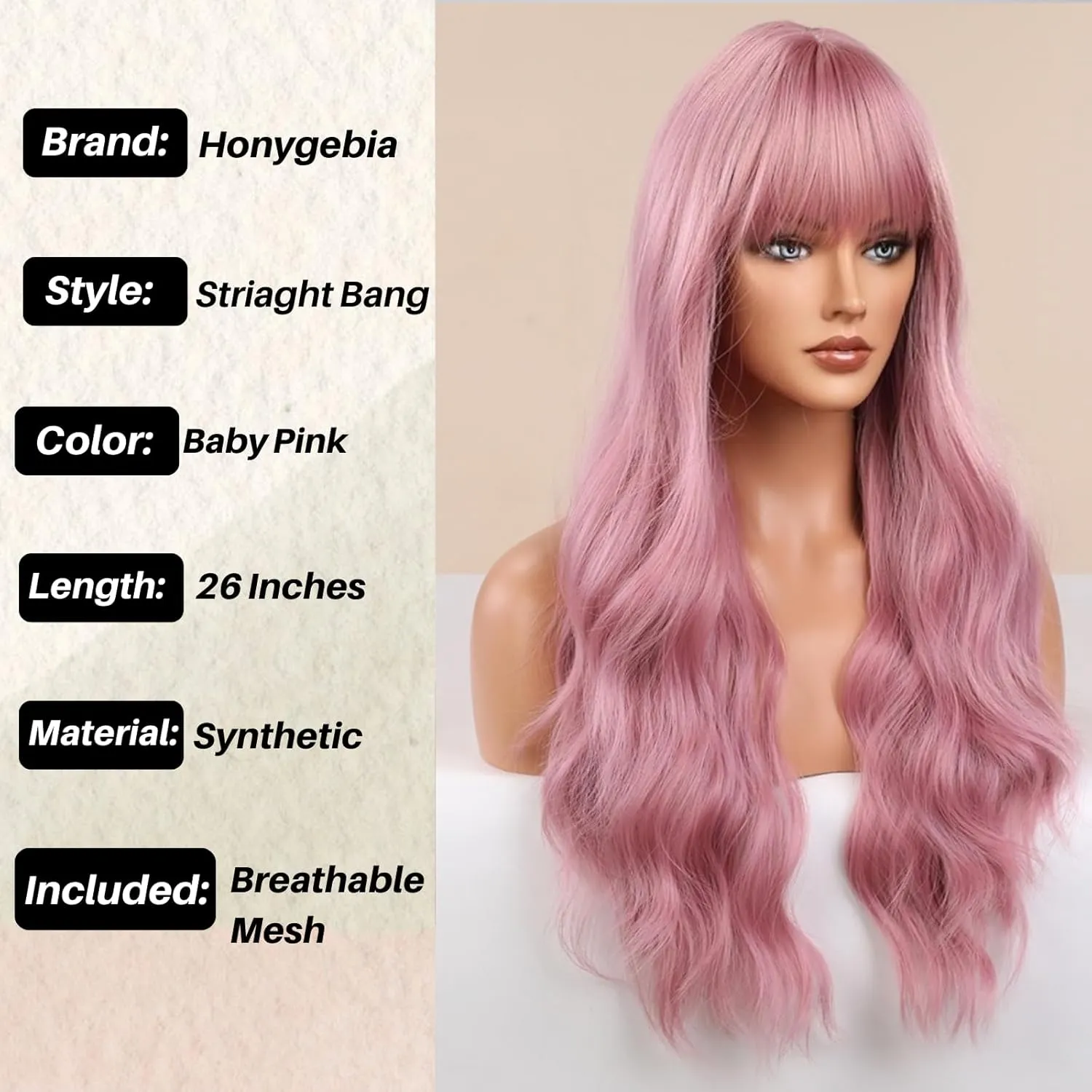 Honygebia Light Pink Wig Bangs - Baby Pink Wigs for Women, Long Wavy Coral Pink Heat Resistant Hair, Natural Looking Bright Synthetic - Best Wigs for Halloween/Christmas/Cosplay/Party