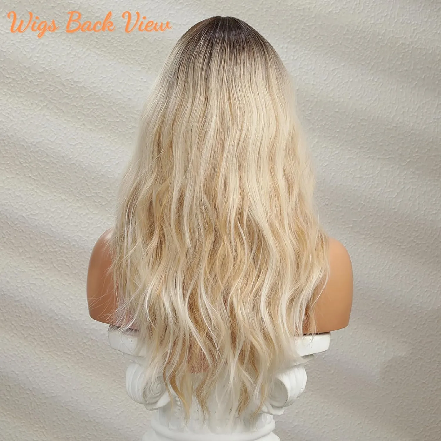 Honygebia Wavy Blonde Wig with Bangs - Ombre Curtain Bang Wigs for Women, Long Wave Ash Blond Dark Roots Hair, Synthetic Heat Resistant Natural Cute Wig for Halloween/Christmas/Cosplay/Costume/Party