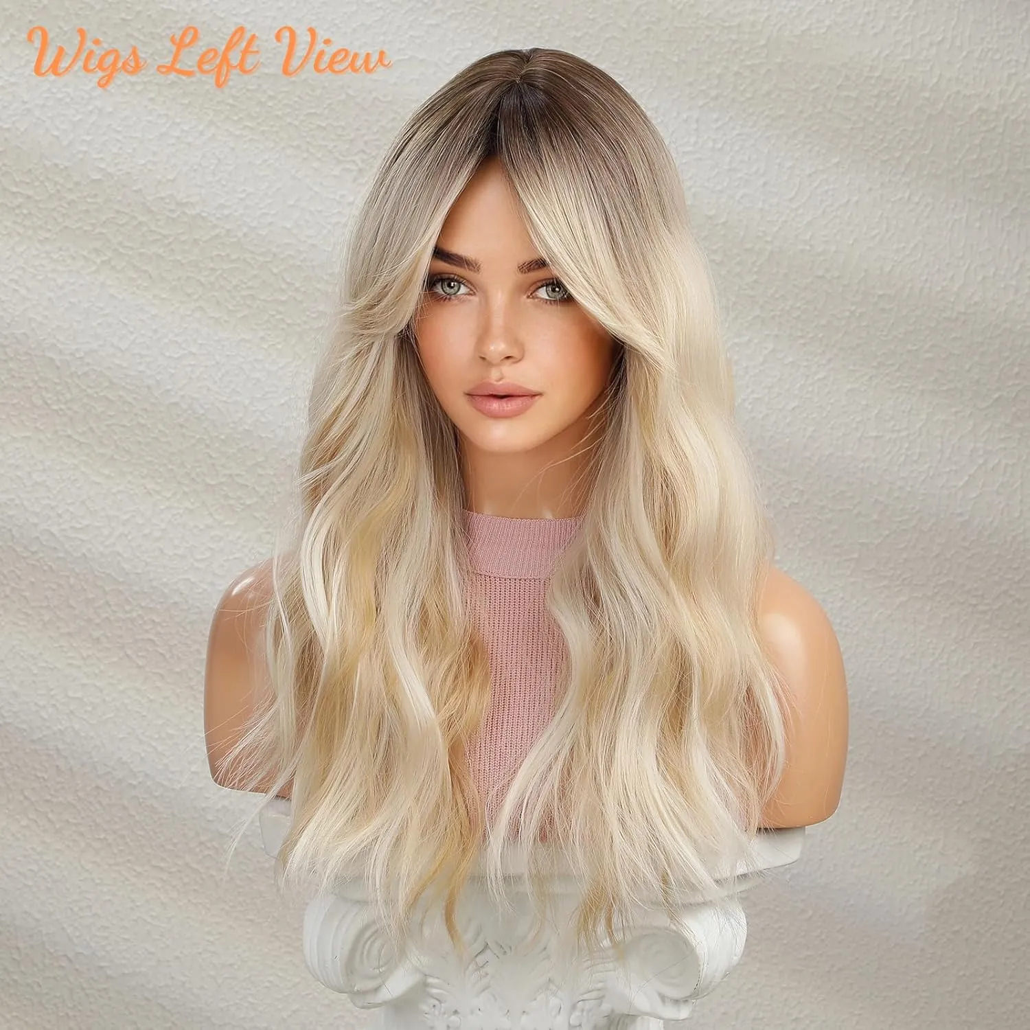 Honygebia Wavy Blonde Wig with Bangs - Ombre Curtain Bang Wigs for Women, Long Wave Ash Blond Dark Roots Hair, Synthetic Heat Resistant Natural Cute Wig for Halloween/Christmas/Cosplay/Costume/Party