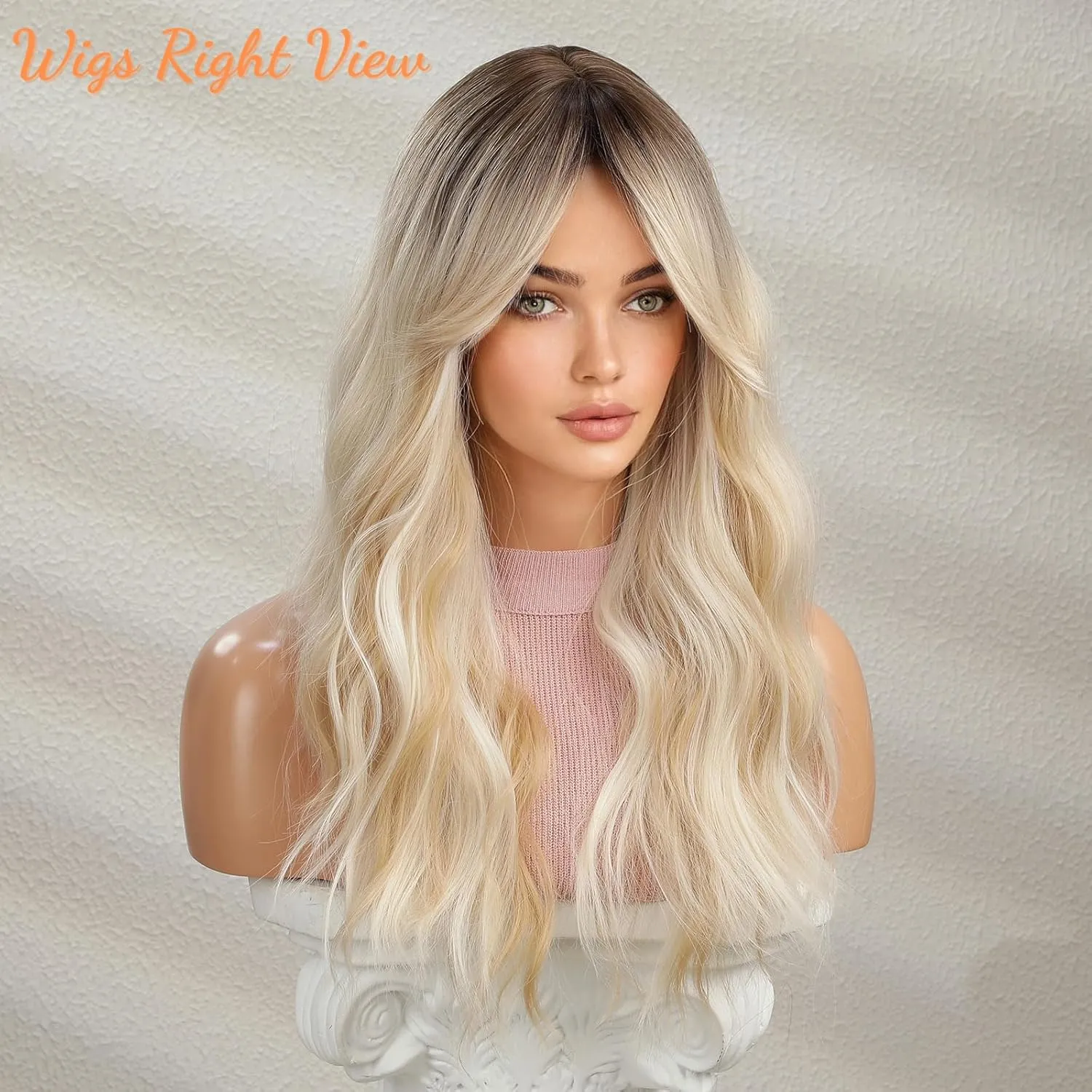 Honygebia Wavy Blonde Wig with Bangs - Ombre Curtain Bang Wigs for Women, Long Wave Ash Blond Dark Roots Hair, Synthetic Heat Resistant Natural Cute Wig for Halloween/Christmas/Cosplay/Costume/Party