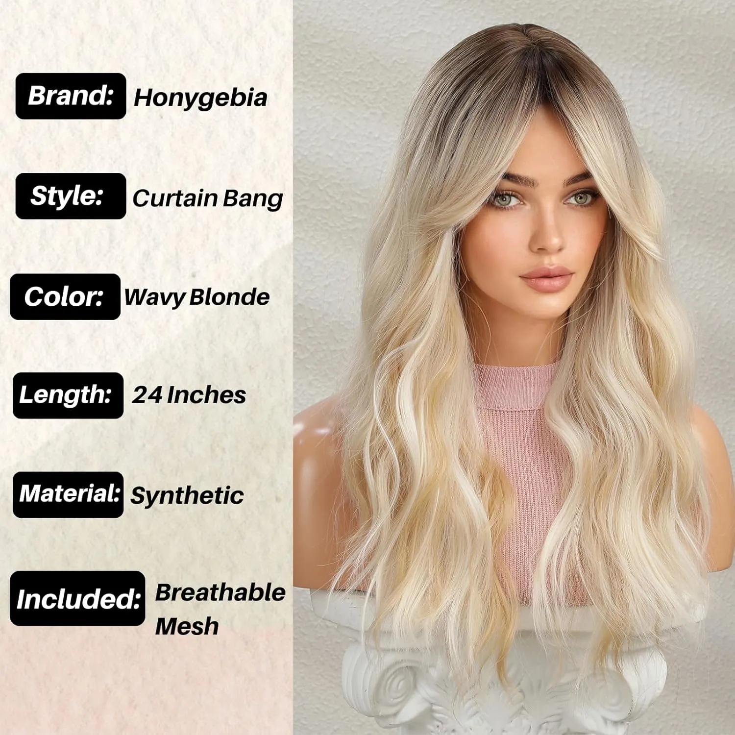 Honygebia Wavy Blonde Wig with Bangs - Ombre Curtain Bang Wigs for Women, Long Wave Ash Blond Dark Roots Hair, Synthetic Heat Resistant Natural Cute Wig for Halloween/Christmas/Cosplay/Costume/Party