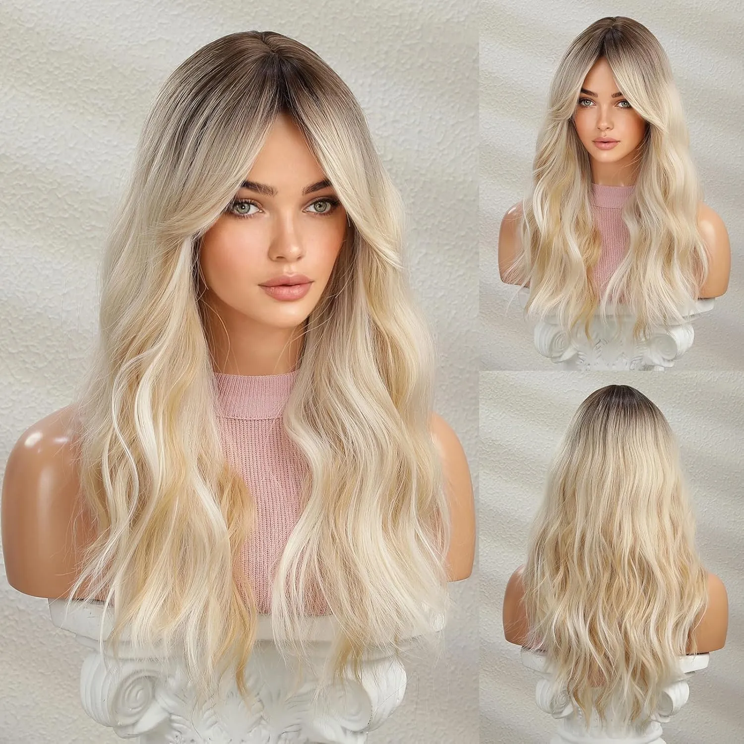 Honygebia Wavy Blonde Wig with Bangs - Ombre Curtain Bang Wigs for Women, Long Wave Ash Blond Dark Roots Hair, Synthetic Heat Resistant Natural Cute Wig for Halloween/Christmas/Cosplay/Costume/Party