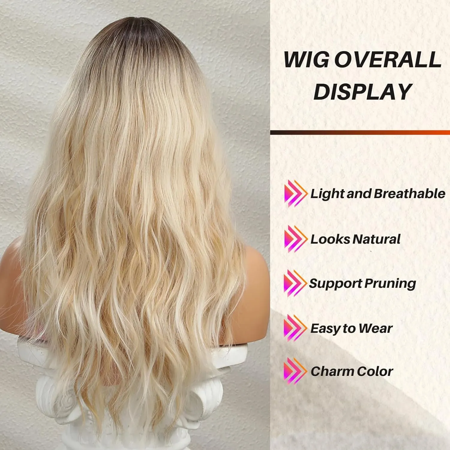 Honygebia Wavy Blonde Wig with Bangs - Ombre Curtain Bang Wigs for Women, Long Wave Ash Blond Dark Roots Hair, Synthetic Heat Resistant Natural Cute Wig for Halloween/Christmas/Cosplay/Costume/Party