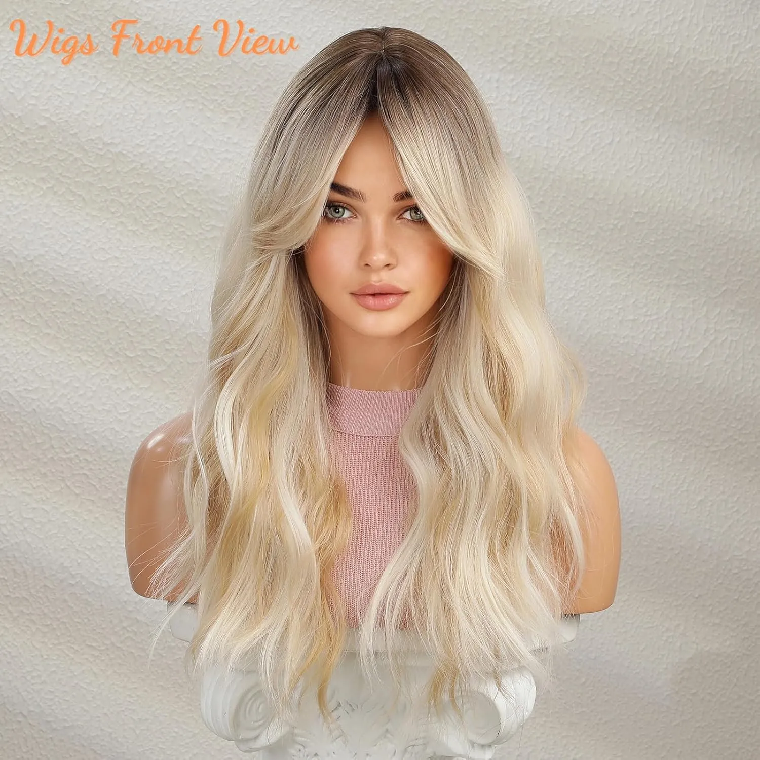 Honygebia Wavy Blonde Wig with Bangs - Ombre Curtain Bang Wigs for Women, Long Wave Ash Blond Dark Roots Hair, Synthetic Heat Resistant Natural Cute Wig for Halloween/Christmas/Cosplay/Costume/Party
