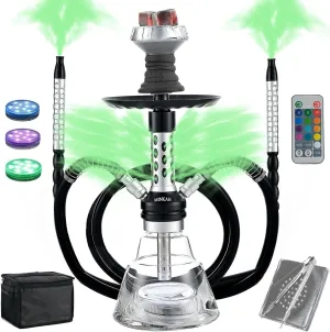 Hookah Set with Everything Upgraded 2 Hose,Shisha With Portable Travel Bag LED Light Ceramic Bowl Tongs Mouth Tips Foils Accessories Premium Shisha Complete Set(Silver)
