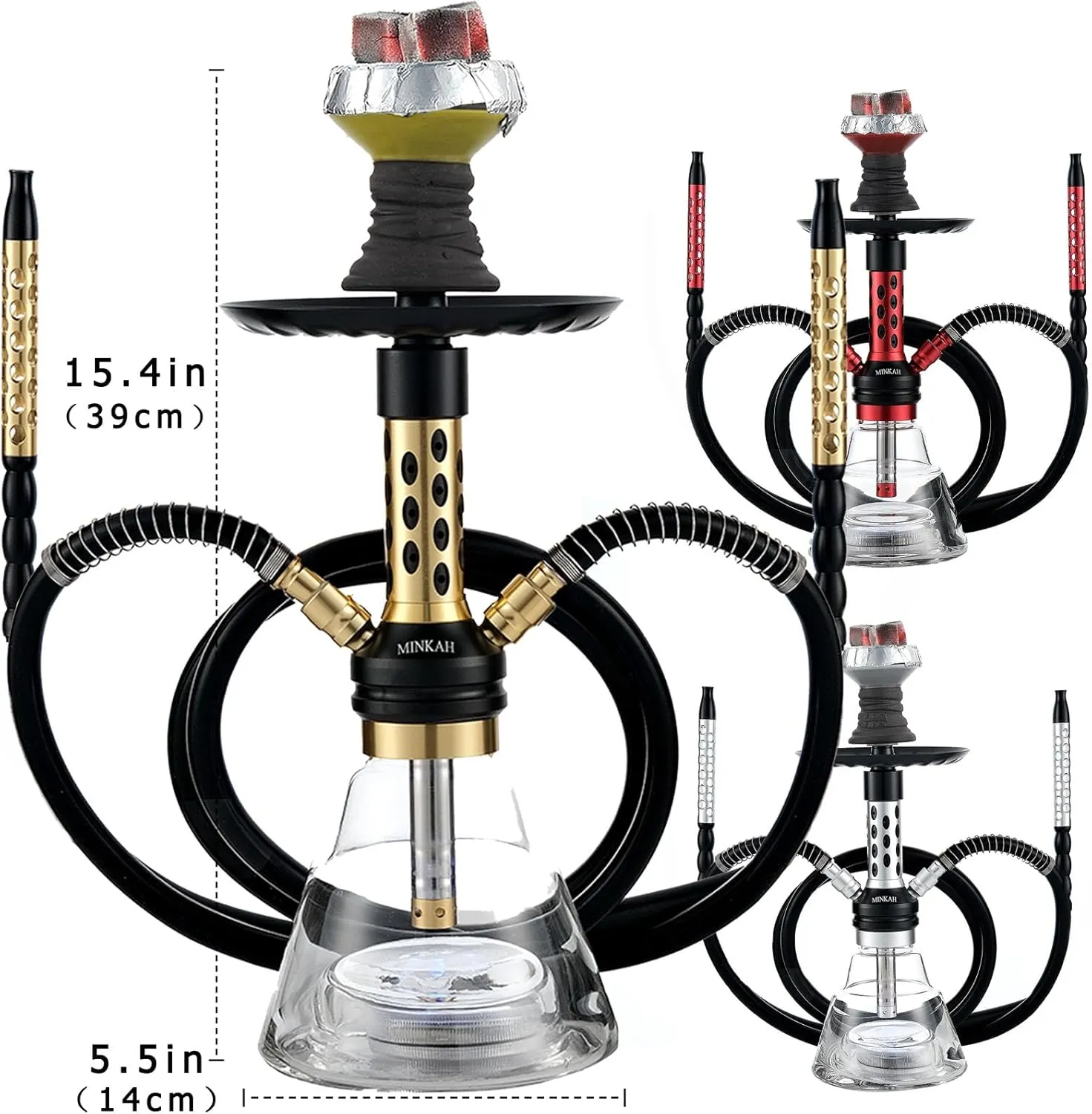 Hookah Set with Everything Upgraded 2 Hose,Shisha With Portable Travel Bag LED Light Ceramic Bowl Tongs Mouth Tips Foils Accessories Premium Shisha Complete Set(Silver)