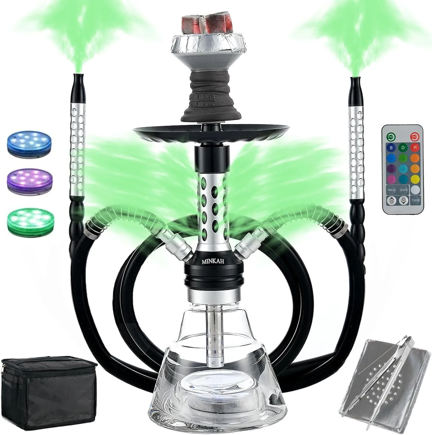 Hookah Set with Everything Upgraded 2 Hose,Shisha With Portable Travel Bag LED Light Ceramic Bowl Tongs Mouth Tips Foils Accessories Premium Shisha Complete Set(Silver)