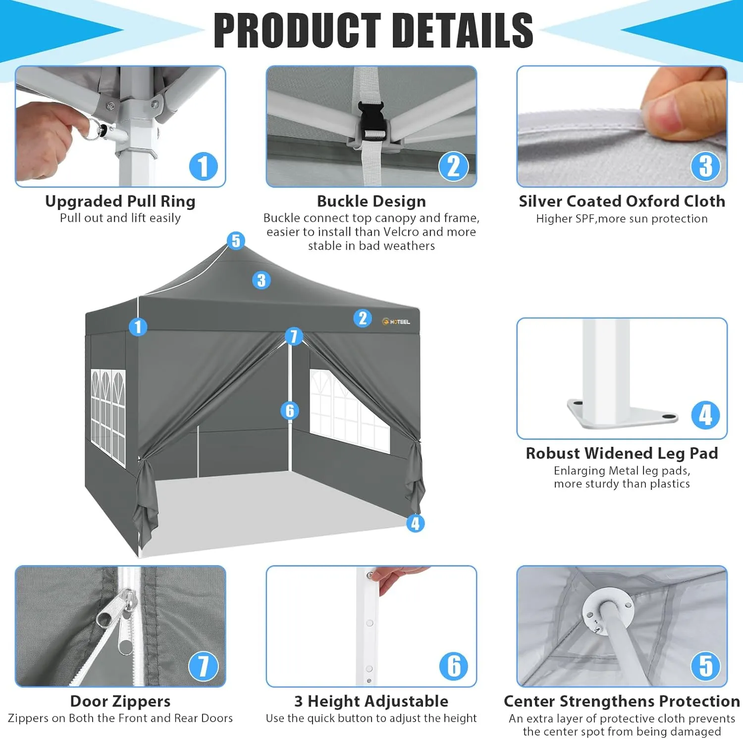 HOTEEL Pop Up Canopy Tent 10x10 with Sidewalls, Commercial Instant Waterproof Canopy for Vender Patio, UV 50  with Silver Coated, Upgraded Thickened Hexagonal Legs, Gray