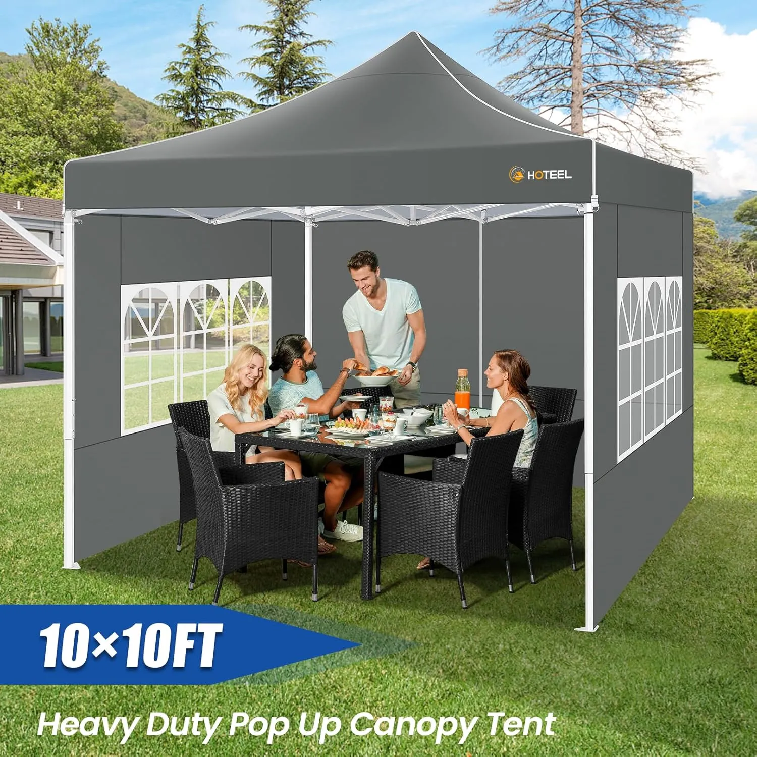 HOTEEL Pop Up Canopy Tent 10x10 with Sidewalls, Commercial Instant Waterproof Canopy for Vender Patio, UV 50  with Silver Coated, Upgraded Thickened Hexagonal Legs, Gray