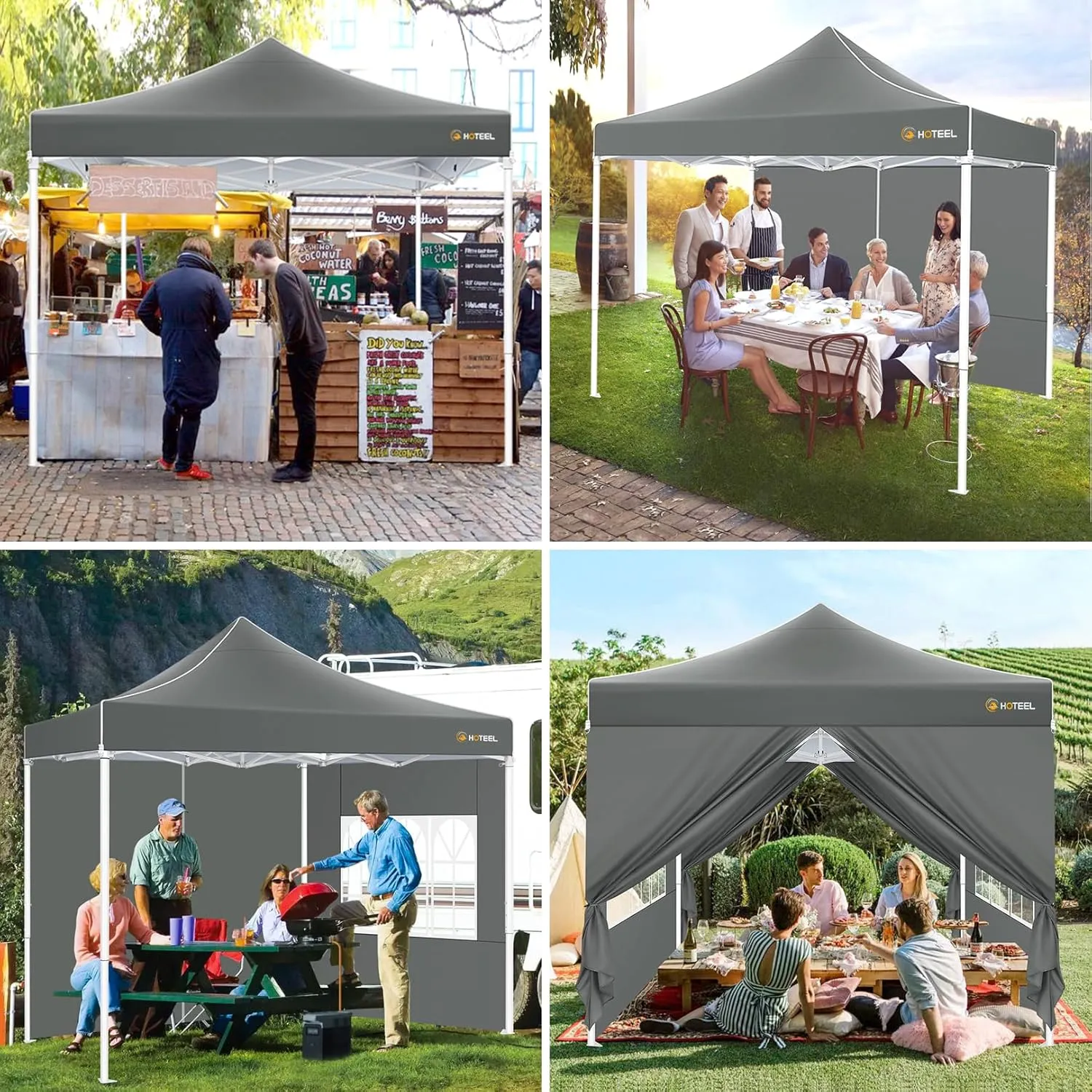 HOTEEL Pop Up Canopy Tent 10x10 with Sidewalls, Commercial Instant Waterproof Canopy for Vender Patio, UV 50  with Silver Coated, Upgraded Thickened Hexagonal Legs, Gray