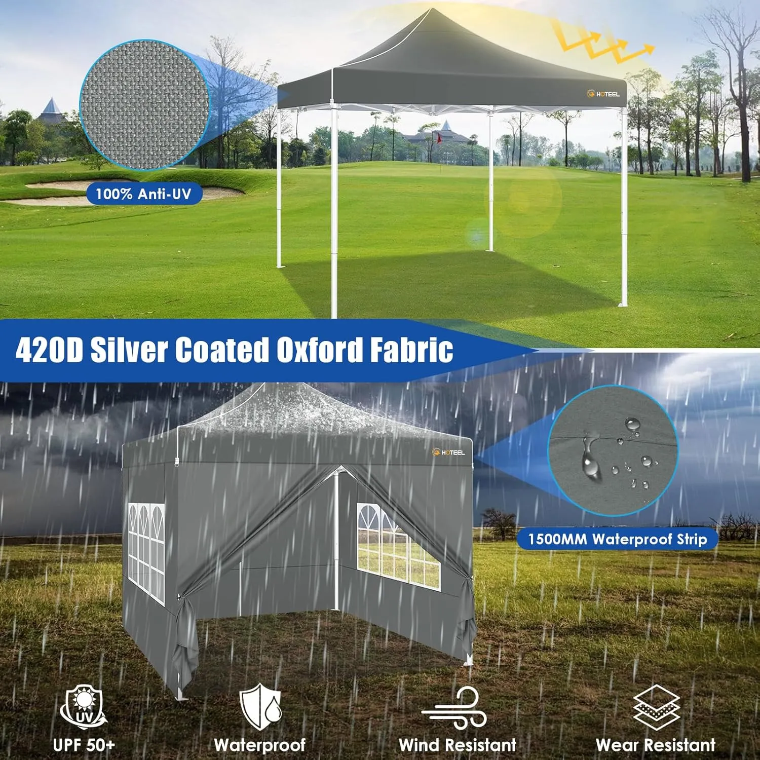 HOTEEL Pop Up Canopy Tent 10x10 with Sidewalls, Commercial Instant Waterproof Canopy for Vender Patio, UV 50  with Silver Coated, Upgraded Thickened Hexagonal Legs, Gray