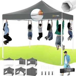 HOTEEL Pop Up Canopy Tent 10x10 with Sidewalls, Commercial Instant Waterproof Canopy for Vender Patio, UV 50  with Silver Coated, Upgraded Thickened Hexagonal Legs, Gray