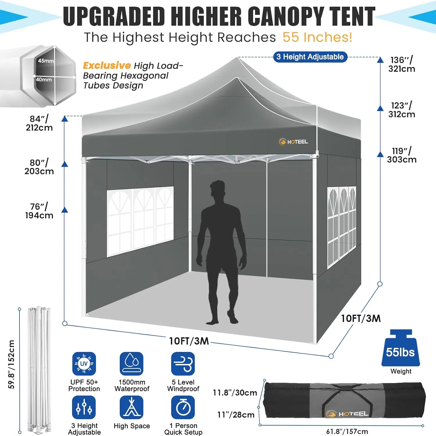 HOTEEL Pop Up Canopy Tent 10x10 with Sidewalls, Commercial Instant Waterproof Canopy for Vender Patio, UV 50  with Silver Coated, Upgraded Thickened Hexagonal Legs, Gray