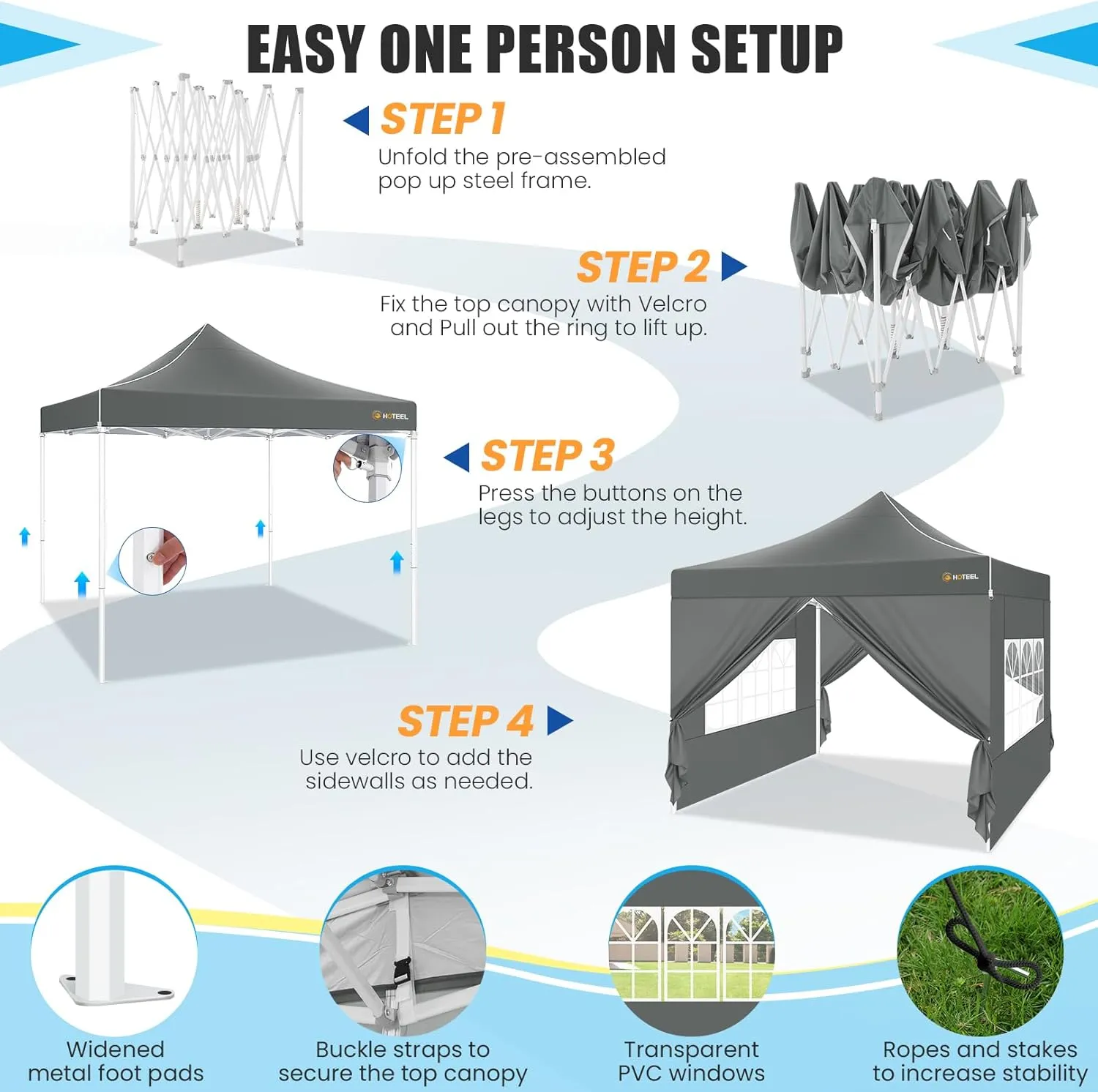 HOTEEL Pop Up Canopy Tent 10x10 with Sidewalls, Commercial Instant Waterproof Canopy for Vender Patio, UV 50  with Silver Coated, Upgraded Thickened Hexagonal Legs, Gray