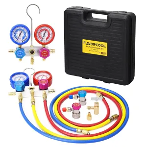 HVAC Gauge Set for R410a R134a R22 Refrigerant - Aluminum Body 3-Way Gauges with 4FT Hoses and AC Vacuum Pump