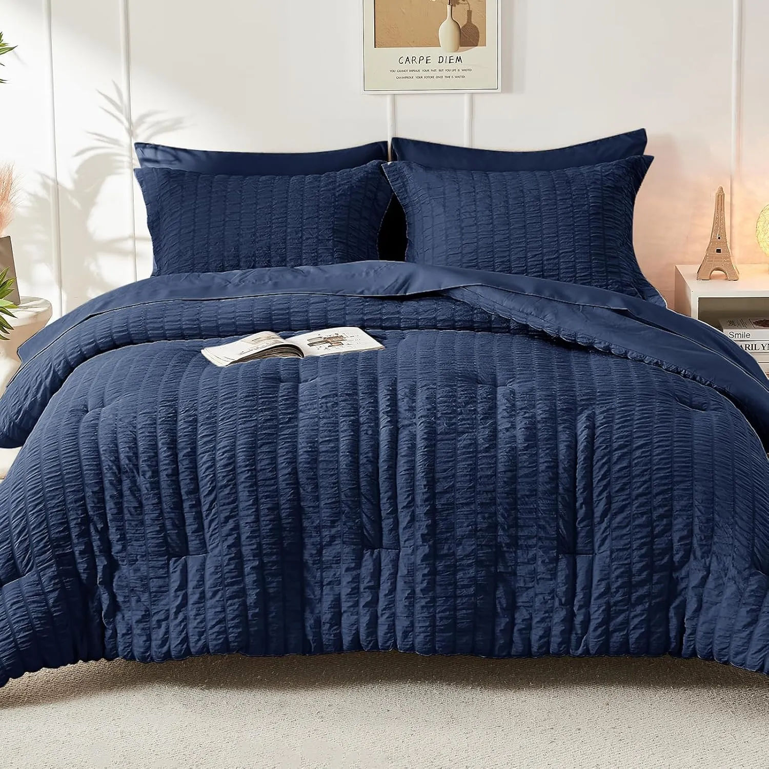 HYMOKEGE Navy Blue Queen Comforter Set Seersucker 7 Pieces, All Season Luxury Bed in a Bag for Bedroom, Bedding Set with Comforters, Sheets, Pillowcases & Shams