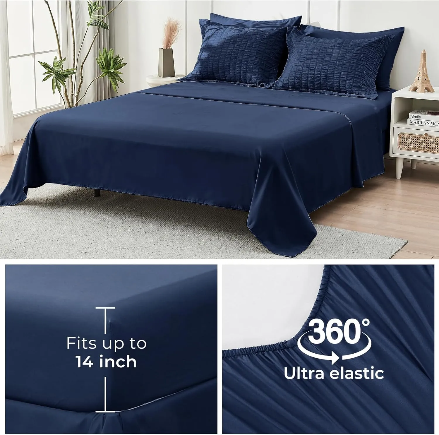HYMOKEGE Navy Blue Queen Comforter Set Seersucker 7 Pieces, All Season Luxury Bed in a Bag for Bedroom, Bedding Set with Comforters, Sheets, Pillowcases & Shams