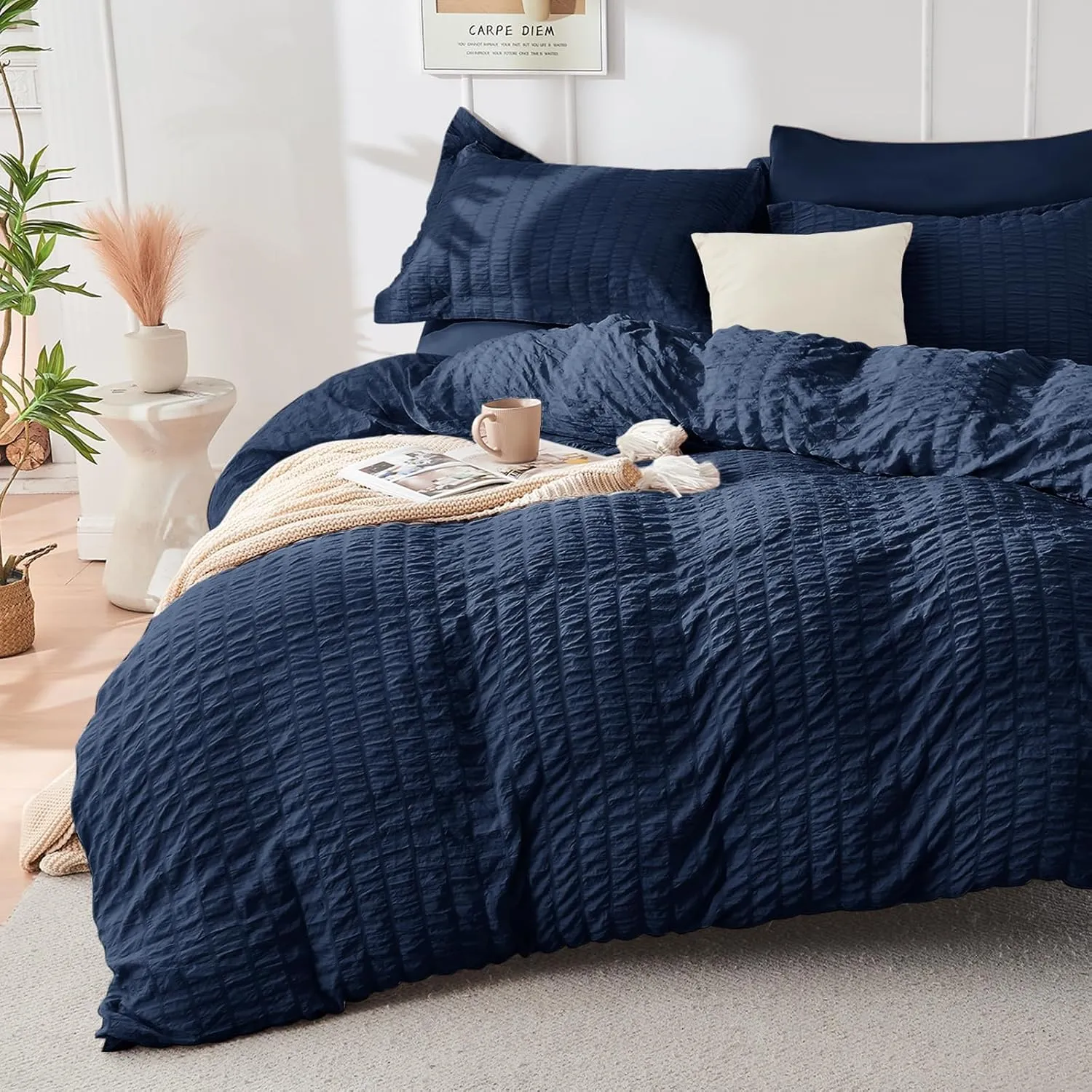 HYMOKEGE Navy Blue Queen Comforter Set Seersucker 7 Pieces, All Season Luxury Bed in a Bag for Bedroom, Bedding Set with Comforters, Sheets, Pillowcases & Shams