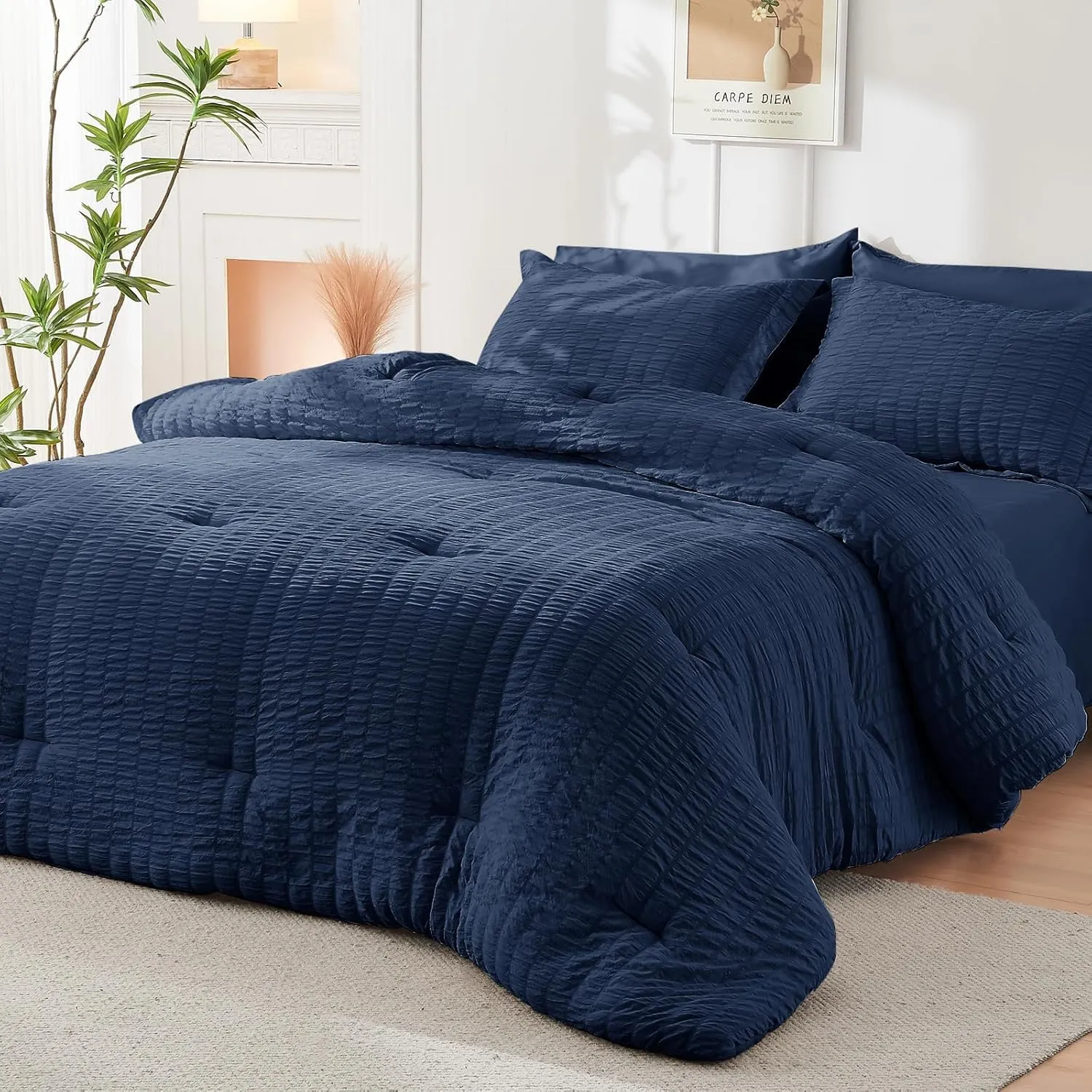 HYMOKEGE Navy Blue Queen Comforter Set Seersucker 7 Pieces, All Season Luxury Bed in a Bag for Bedroom, Bedding Set with Comforters, Sheets, Pillowcases & Shams