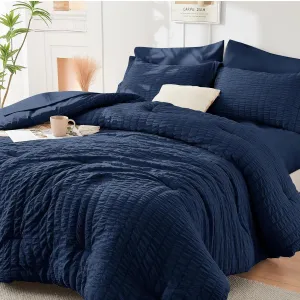 HYMOKEGE Navy Blue Queen Comforter Set Seersucker 7 Pieces, All Season Luxury Bed in a Bag for Bedroom, Bedding Set with Comforters, Sheets, Pillowcases & Shams