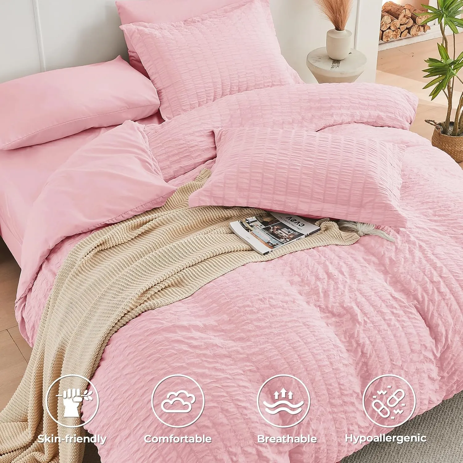 HYMOKEGE Pink Twin Comforter Set Seersucker 5 Pieces, All Season Luxury Bed in a Bag for Bedroom, Bedding Set with Comforters, Sheets, Pillowcase & Sham