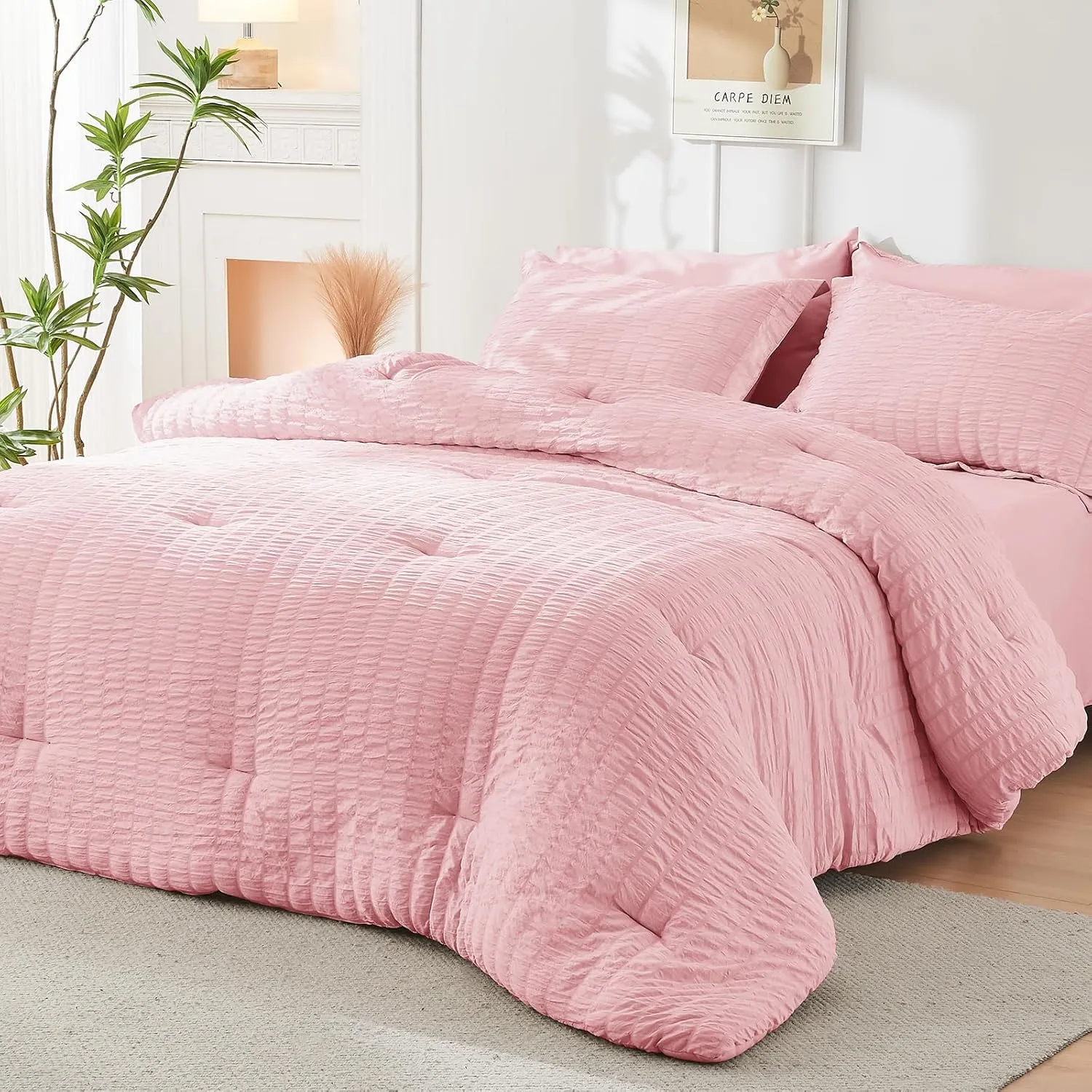 HYMOKEGE Pink Twin Comforter Set Seersucker 5 Pieces, All Season Luxury Bed in a Bag for Bedroom, Bedding Set with Comforters, Sheets, Pillowcase & Sham