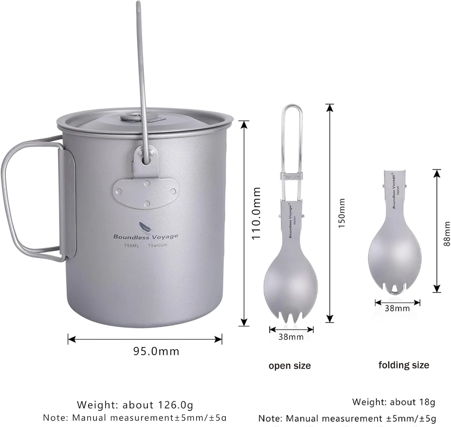 iBasingo 750ml Titanium Hanging Mug with Lid & Spork Tea Coffee Water Cup Outdoor Camping Pot Ultra-light Portable Hiking Backpacking Cooking Kit Picnic Drinkware with Foldable Handle Ti3039D
