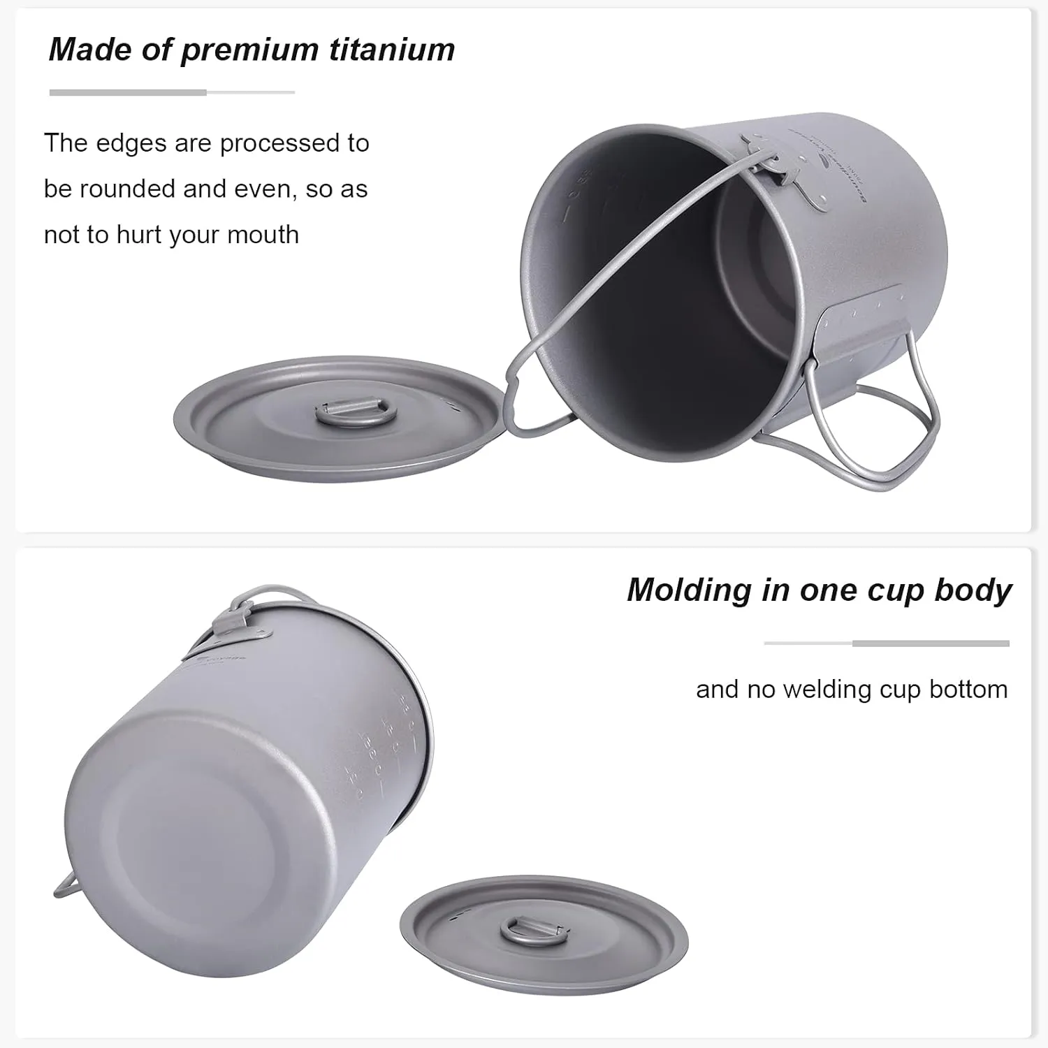 iBasingo 750ml Titanium Hanging Mug with Lid & Spork Tea Coffee Water Cup Outdoor Camping Pot Ultra-light Portable Hiking Backpacking Cooking Kit Picnic Drinkware with Foldable Handle Ti3039D
