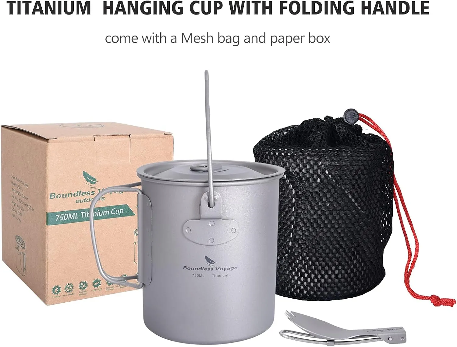 iBasingo 750ml Titanium Hanging Mug with Lid & Spork Tea Coffee Water Cup Outdoor Camping Pot Ultra-light Portable Hiking Backpacking Cooking Kit Picnic Drinkware with Foldable Handle Ti3039D