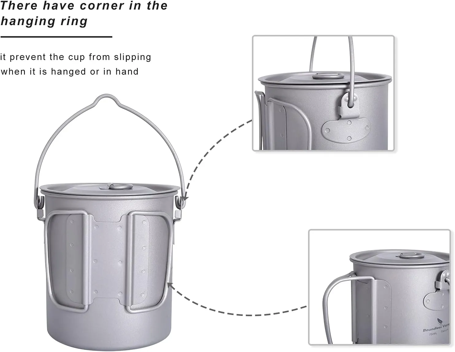 iBasingo 750ml Titanium Hanging Mug with Lid & Spork Tea Coffee Water Cup Outdoor Camping Pot Ultra-light Portable Hiking Backpacking Cooking Kit Picnic Drinkware with Foldable Handle Ti3039D