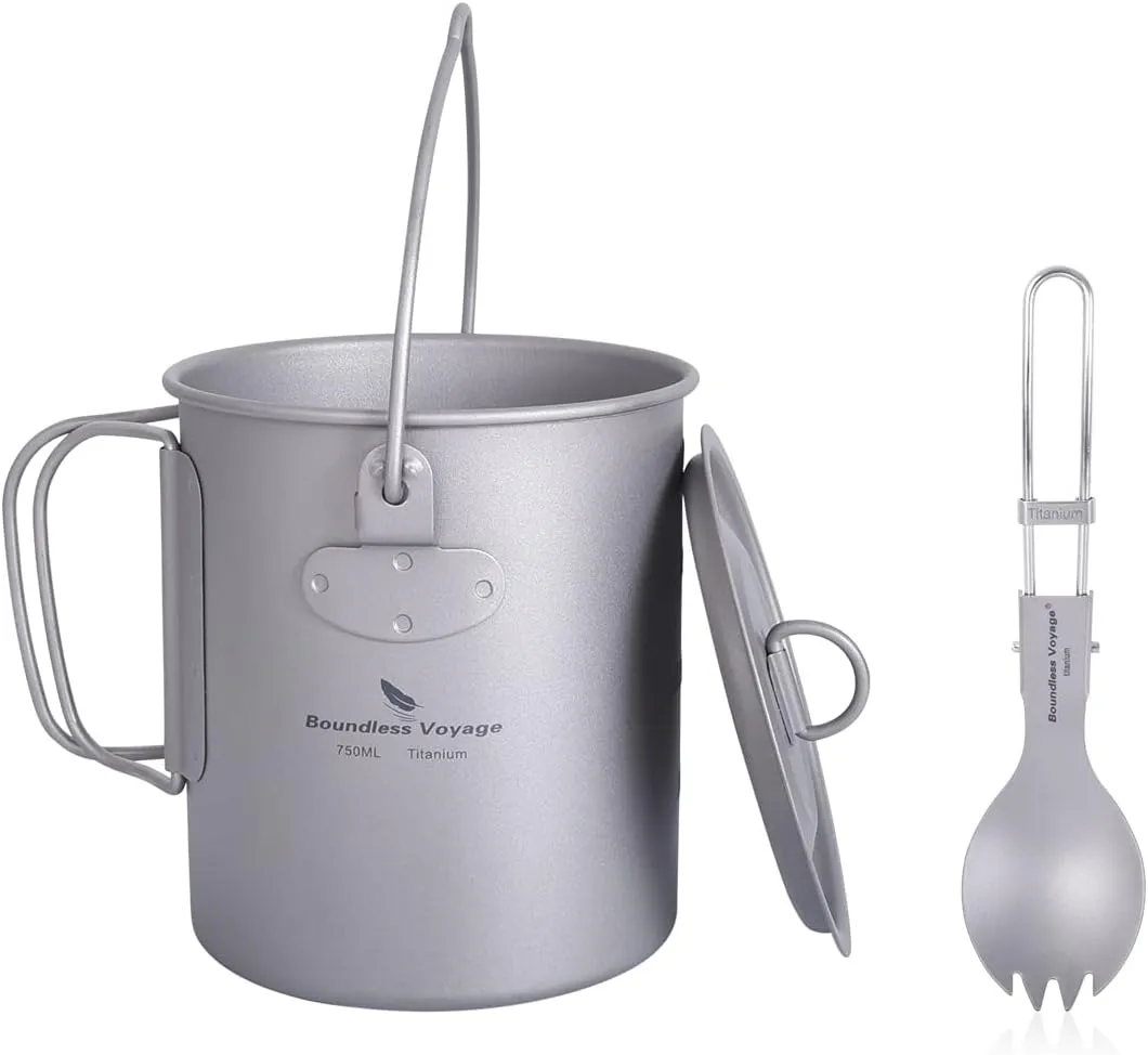 iBasingo 750ml Titanium Hanging Mug with Lid & Spork Tea Coffee Water Cup Outdoor Camping Pot Ultra-light Portable Hiking Backpacking Cooking Kit Picnic Drinkware with Foldable Handle Ti3039D