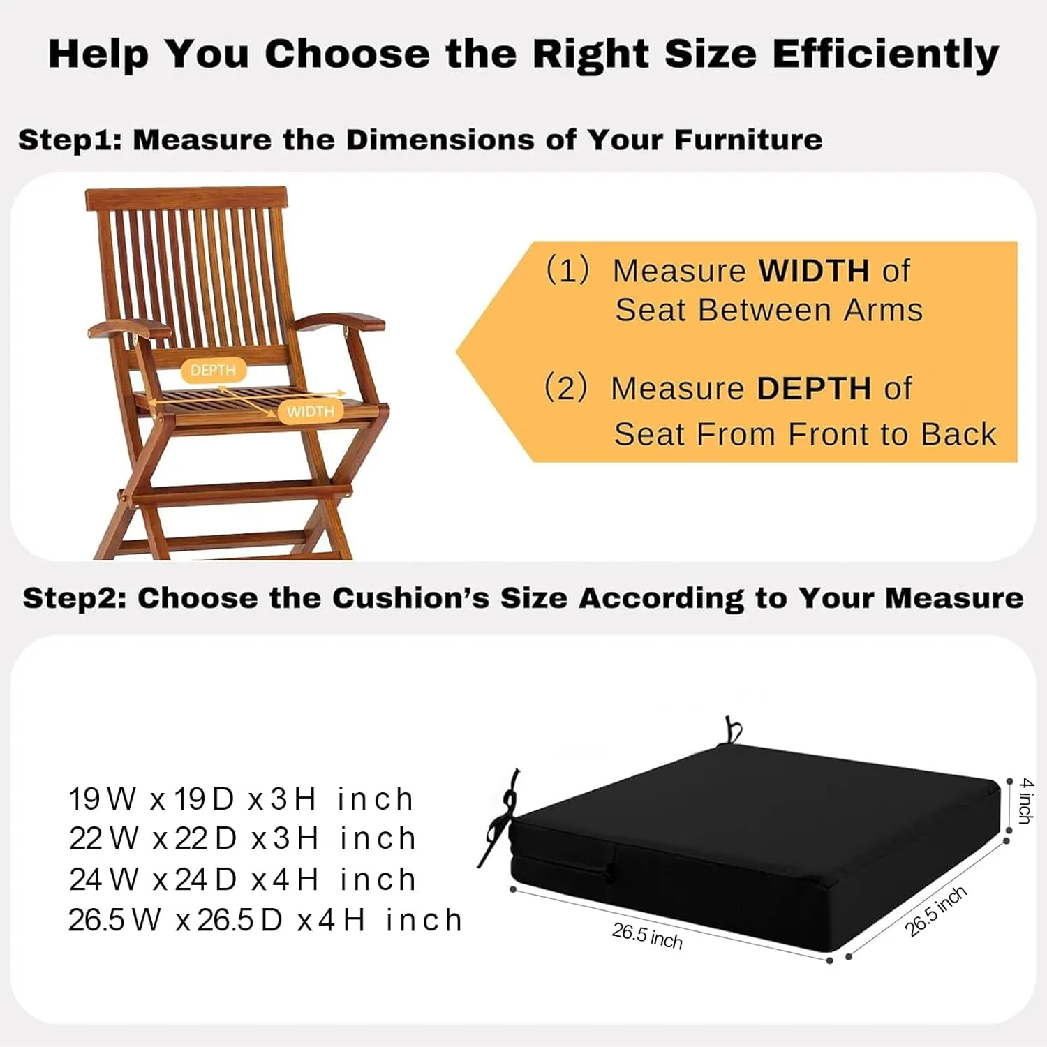 idee-home Outdoor Chair Cushions Set of 2, Waterproof Outdoor Seat Cushions for Patio Furniture, Outside Replacement Chair Pad with Ties for Lawn Deck Porch, 26.5 x 26.5 Black