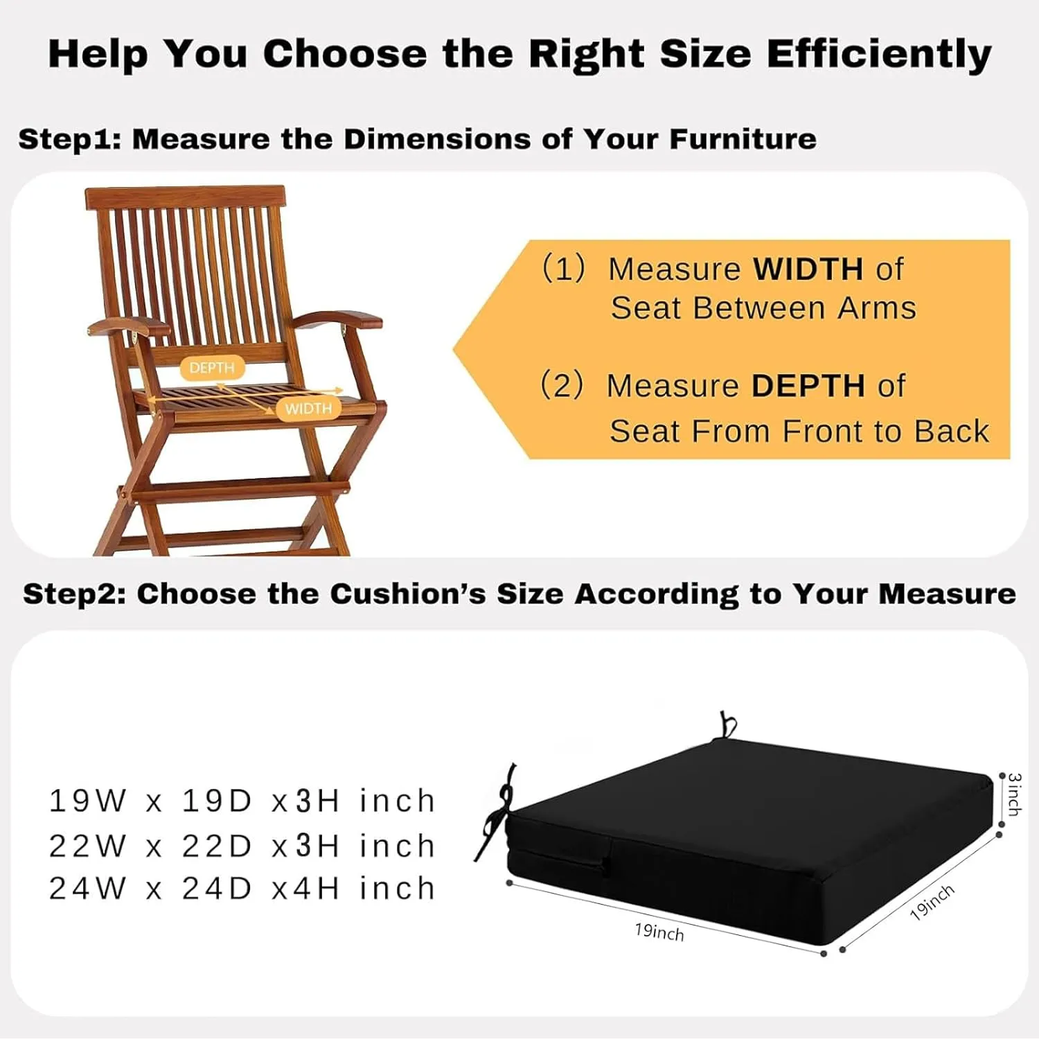 idee-home Outdoor Chair Cushions Set of 4, Waterproof Outdoor Seat Cushions for Patio Furniture, Outside Replacement Chair Pad with Ties for Lawn Deck Porch, 19 x 19 Black