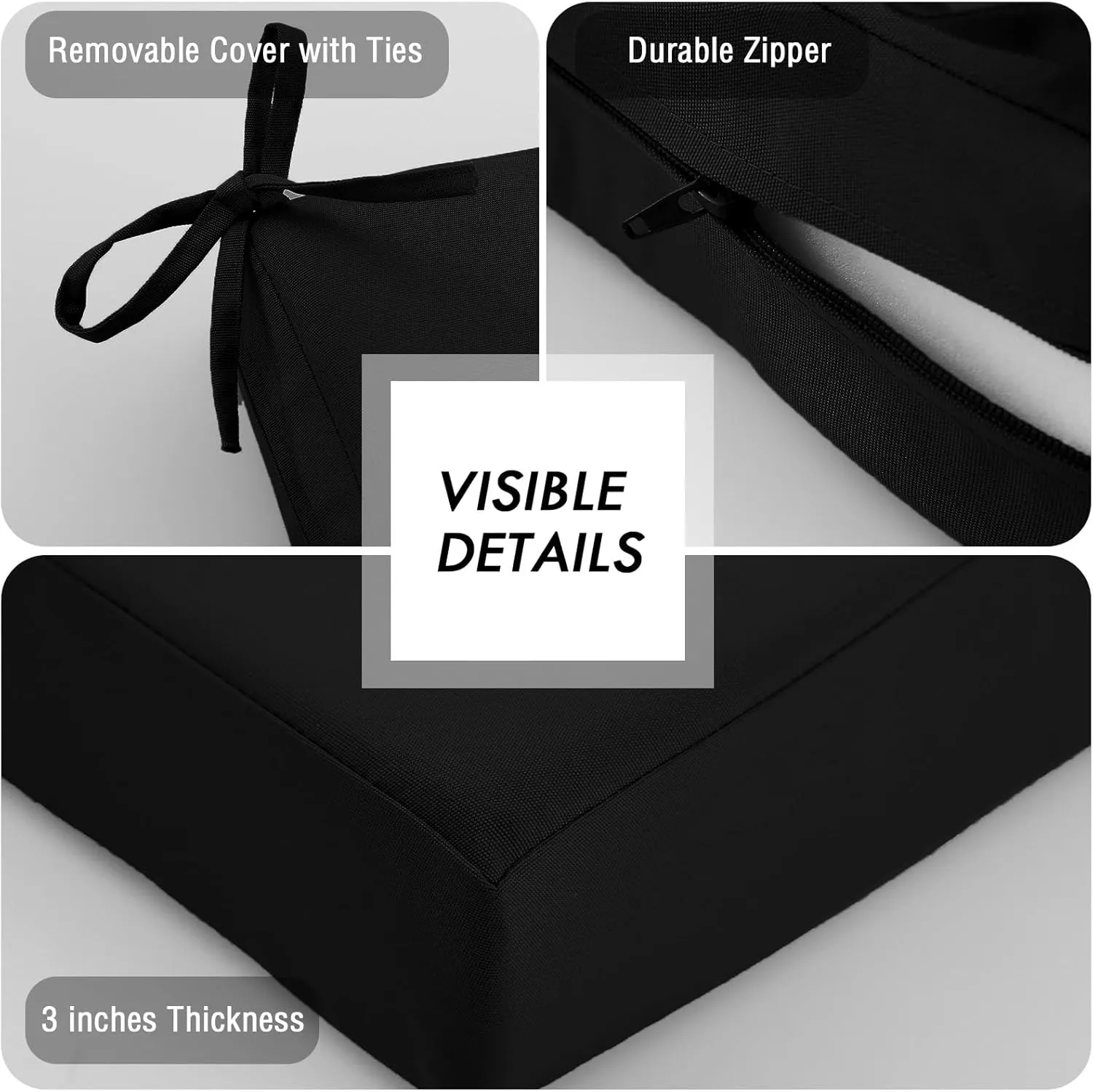 idee-home Outdoor Chair Cushions Set of 4, Waterproof Outdoor Seat Cushions for Patio Furniture, Outside Replacement Chair Pad with Ties for Lawn Deck Porch, 19 x 19 Black