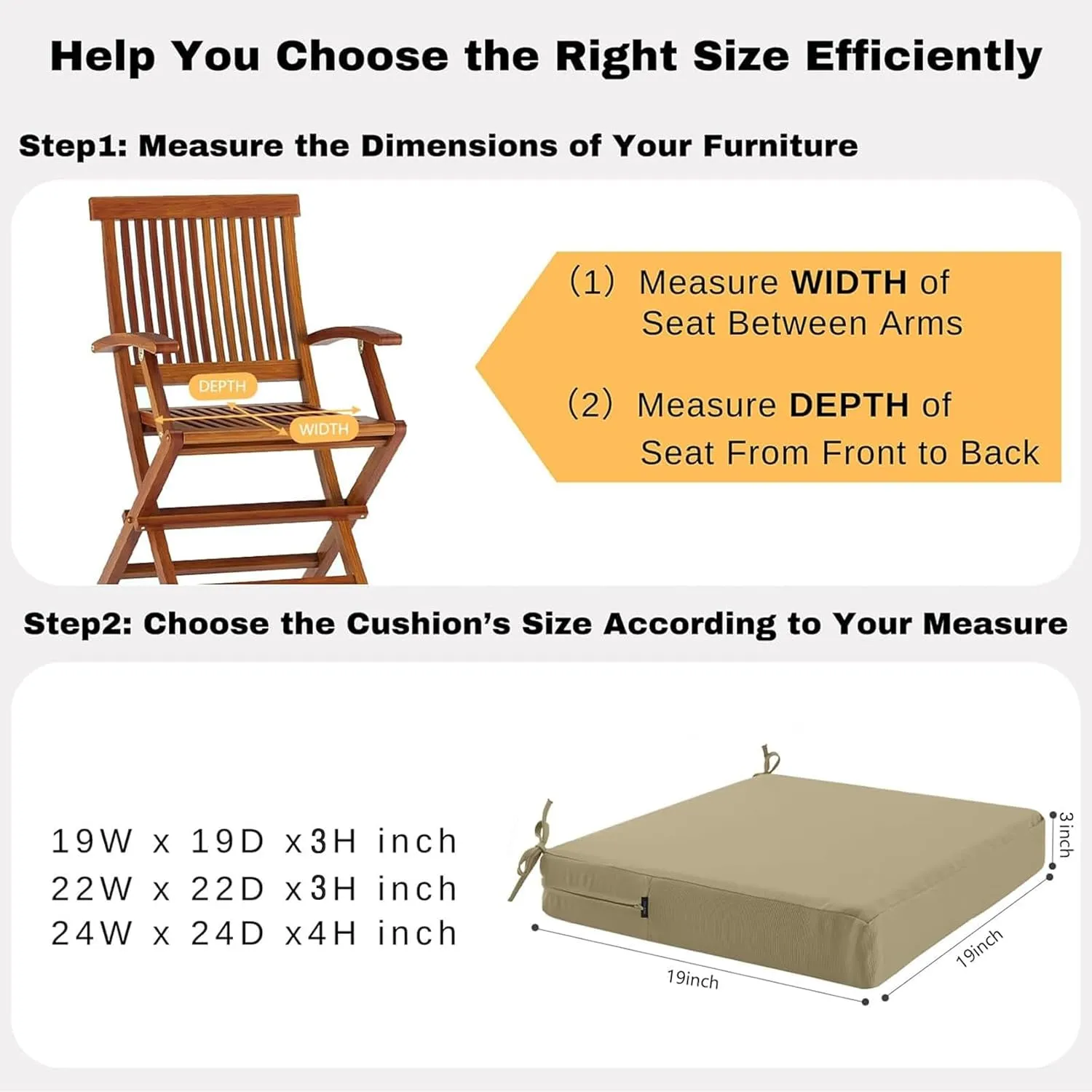 idee-home Outdoor Chair Cushions Set of 4, Waterproof Outdoor Seat Cushions for Patio Furniture, Outside Replacement Chair Pad with Ties for Lawn Deck Porch, 19 x 19