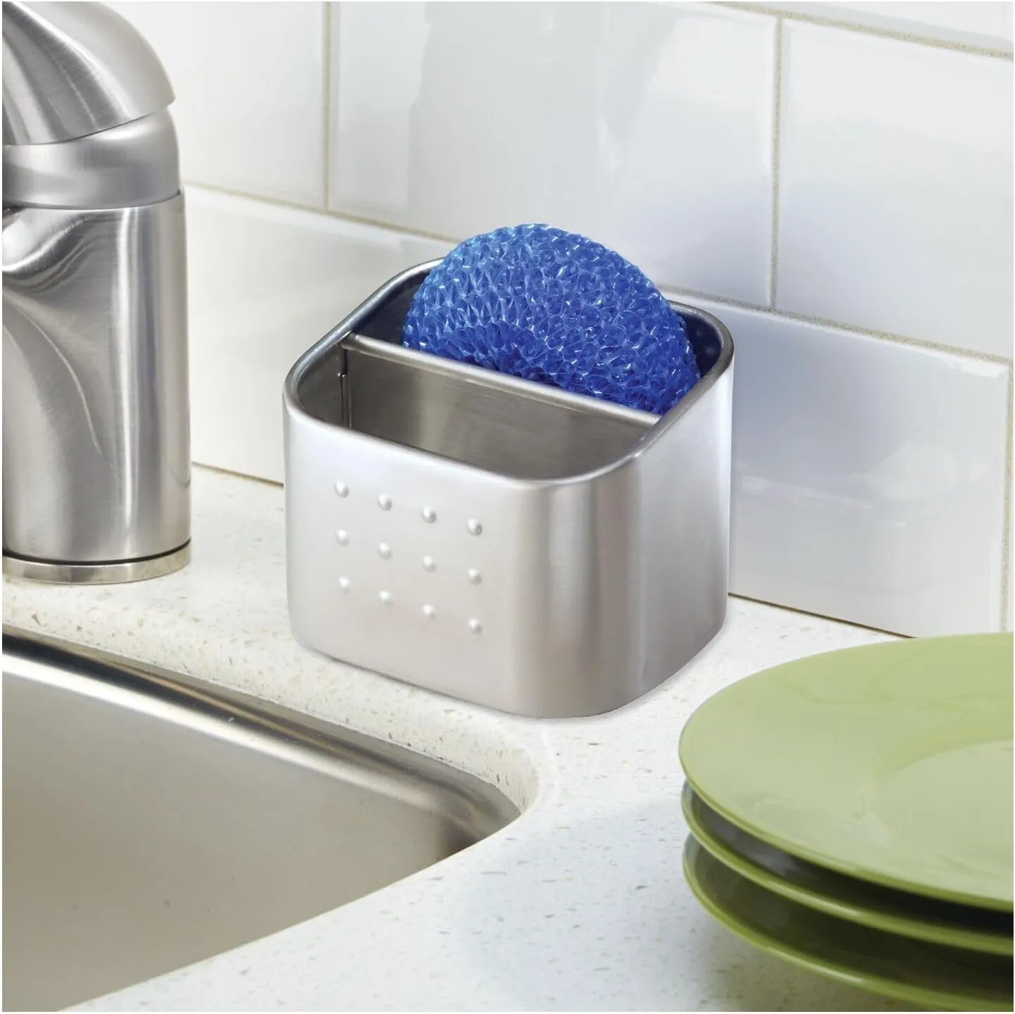 iDesign Stainless Steel Sponge and Scrubber Holder with 2 Compartments for Kitchen Sink - Brushed