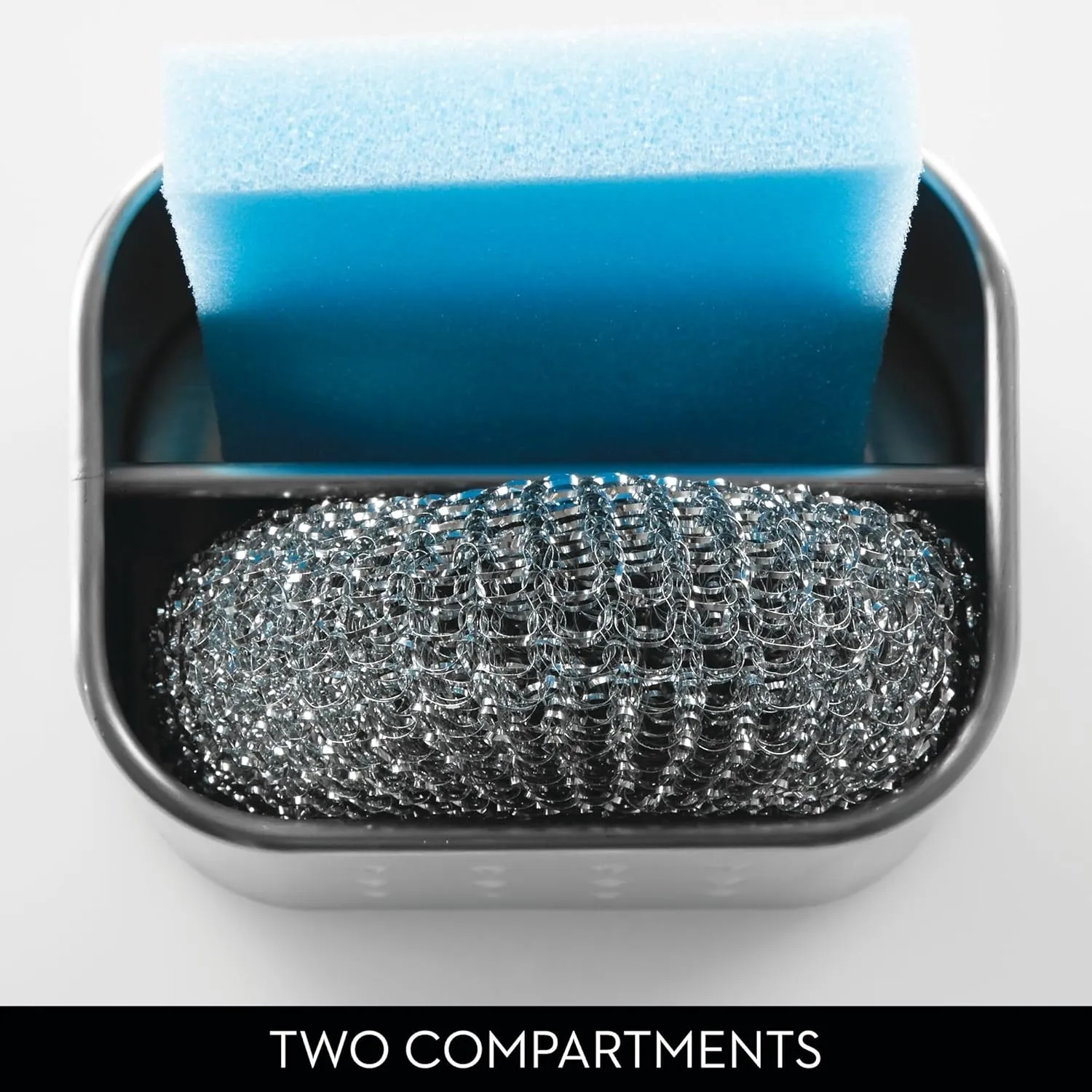 iDesign Stainless Steel Sponge and Scrubber Holder with 2 Compartments for Kitchen Sink - Brushed