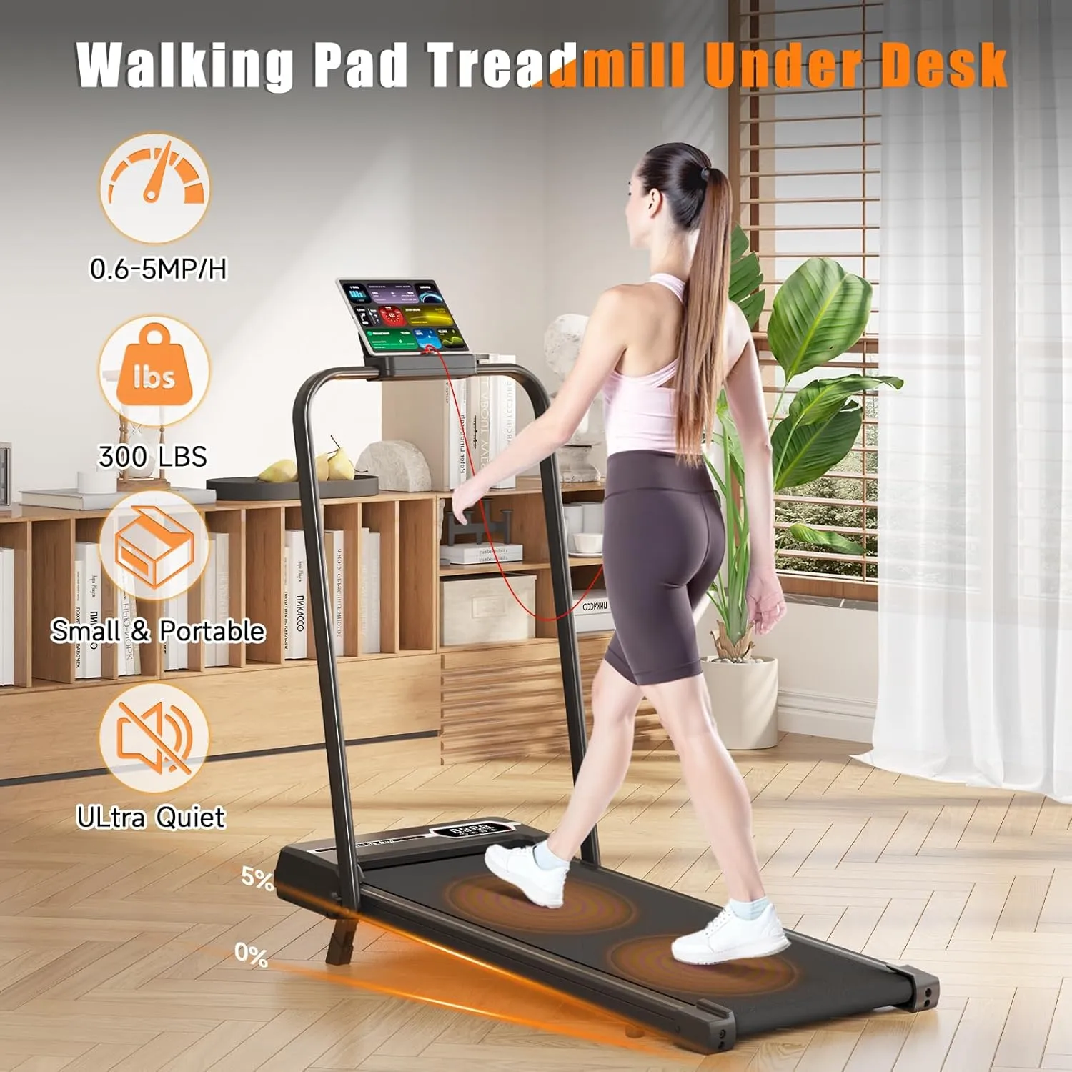 Incline Walking Pad with Handle Bar, Folding Treadmill Foldable Portable Under Desk for Home Office, Ultra Quiet <45dB, Safety Lock, 300  LB Capacity