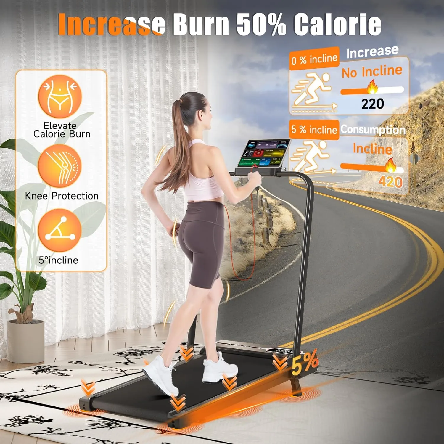 Incline Walking Pad with Handle Bar, Folding Treadmill Foldable Portable Under Desk for Home Office, Ultra Quiet <45dB, Safety Lock, 300  LB Capacity