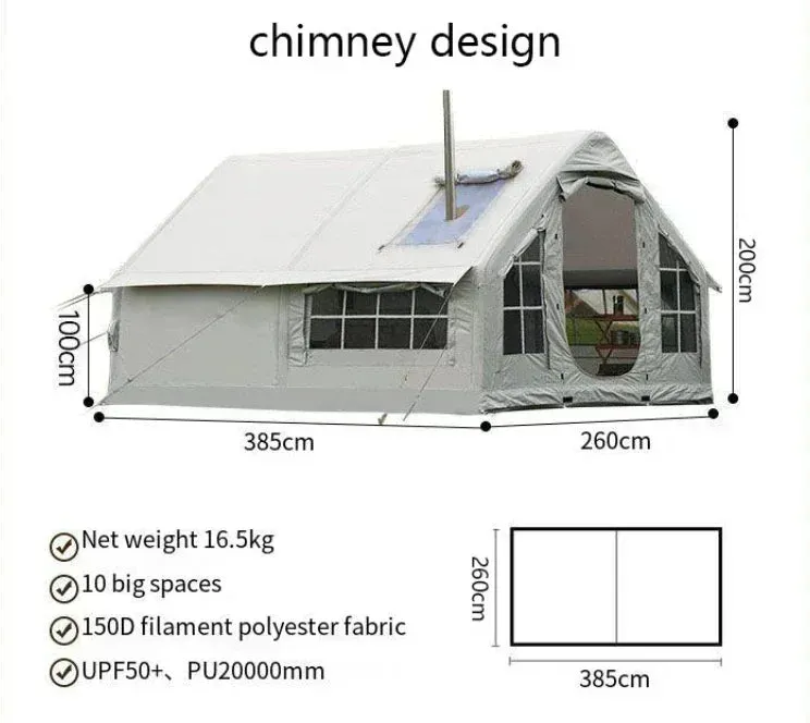 Inflatable camping tent no need to build 10 square meters 6-8 person space chimney design windproof and rainproof