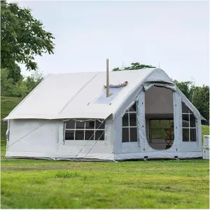 Inflatable Tents for Camping with Chimney Stack Blow Up Air Tent with Mesh Windows and Double-layer Door Windproof Glamping Tent 6-8Person Easy Setup Polyester Air Tent for Outdoor Couples Group Fam