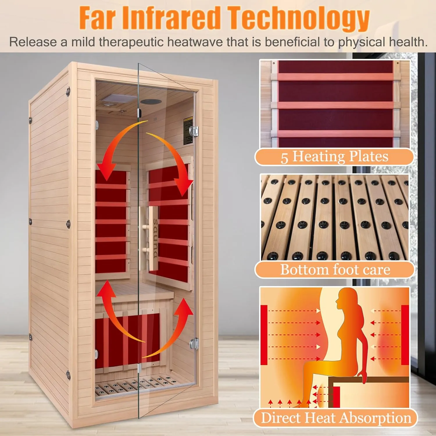 Infrared Home Sauna Room 1 Person Hemlock Wooden Indoor Dry Sauna，Low EMF 1200W/110V Heaters Panels,LCD Control Panel,10 Minutes Pre-Warm up,Time and Temp Pre-Set,1-Year Aftersale