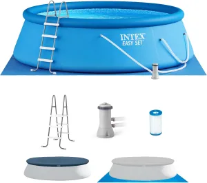 Intex 28167EH Easy Set Inflatable Swimming Pool Set: 15ft x 48in – Includes 1000 GPH Cartridge Filter Pump – Removable Ladder – Pool Cover – Ground Cloth