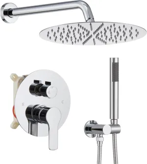 Iriber Chrome Shower System Wall Mounted Shower Faucet Mixer Set with 12 Inches Round Rain Shower head and Handheld, Bathroom Rainfall Polished Chrome Shower Trim Kit Contain Valve